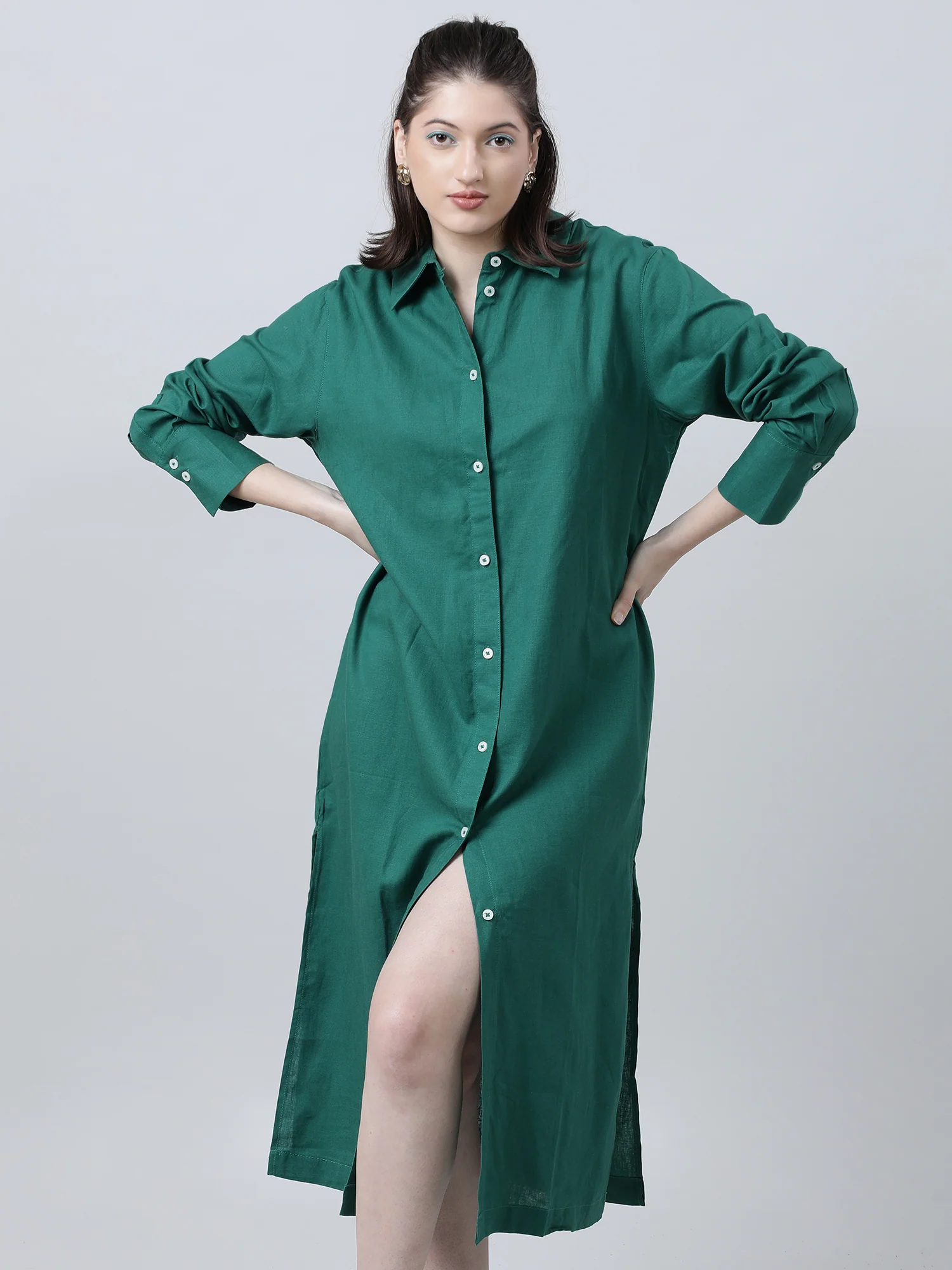 Women Green Oversized Shirt Dress - Image 6