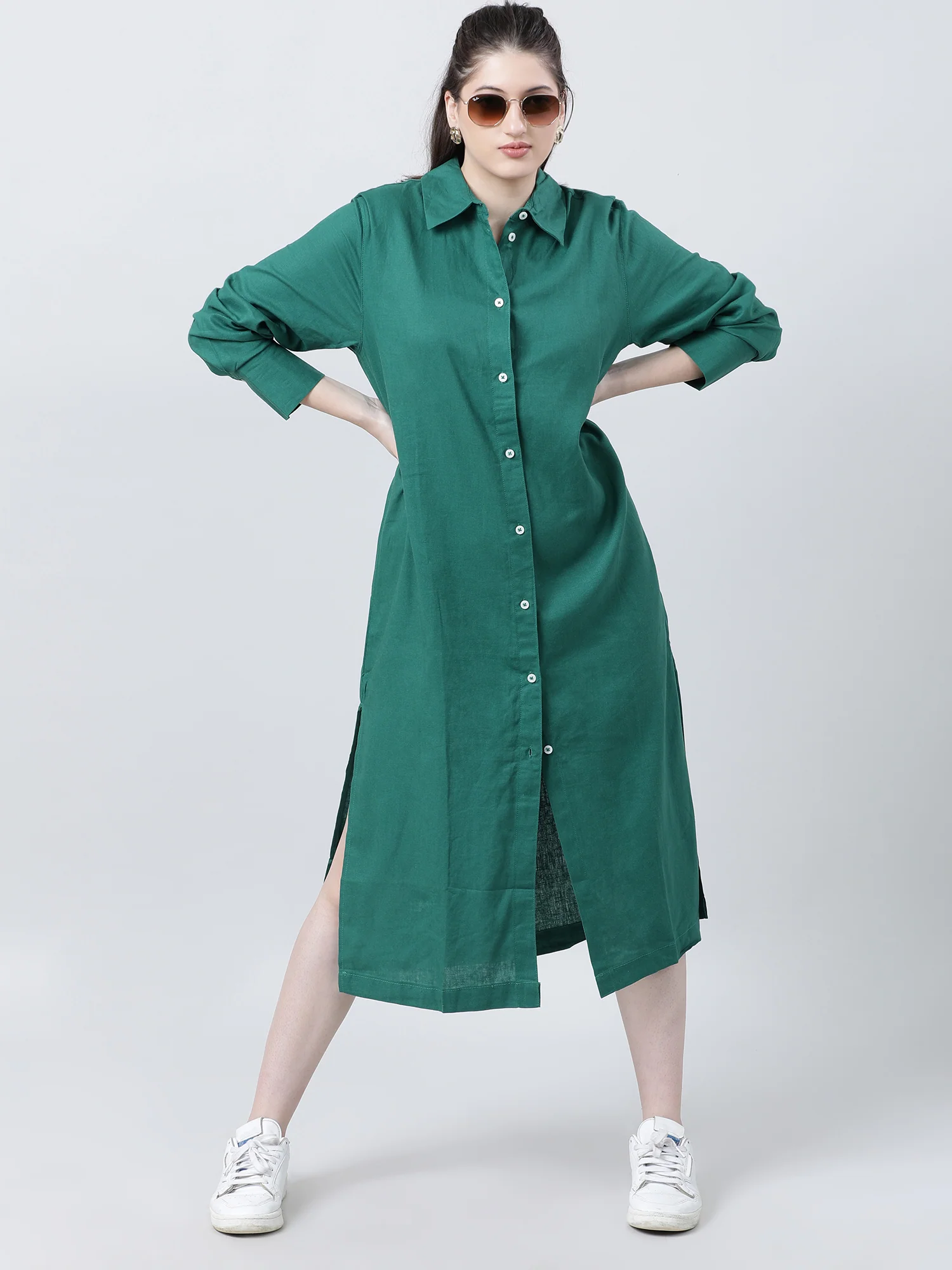 Women Green Oversized Shirt Dress - Image 7