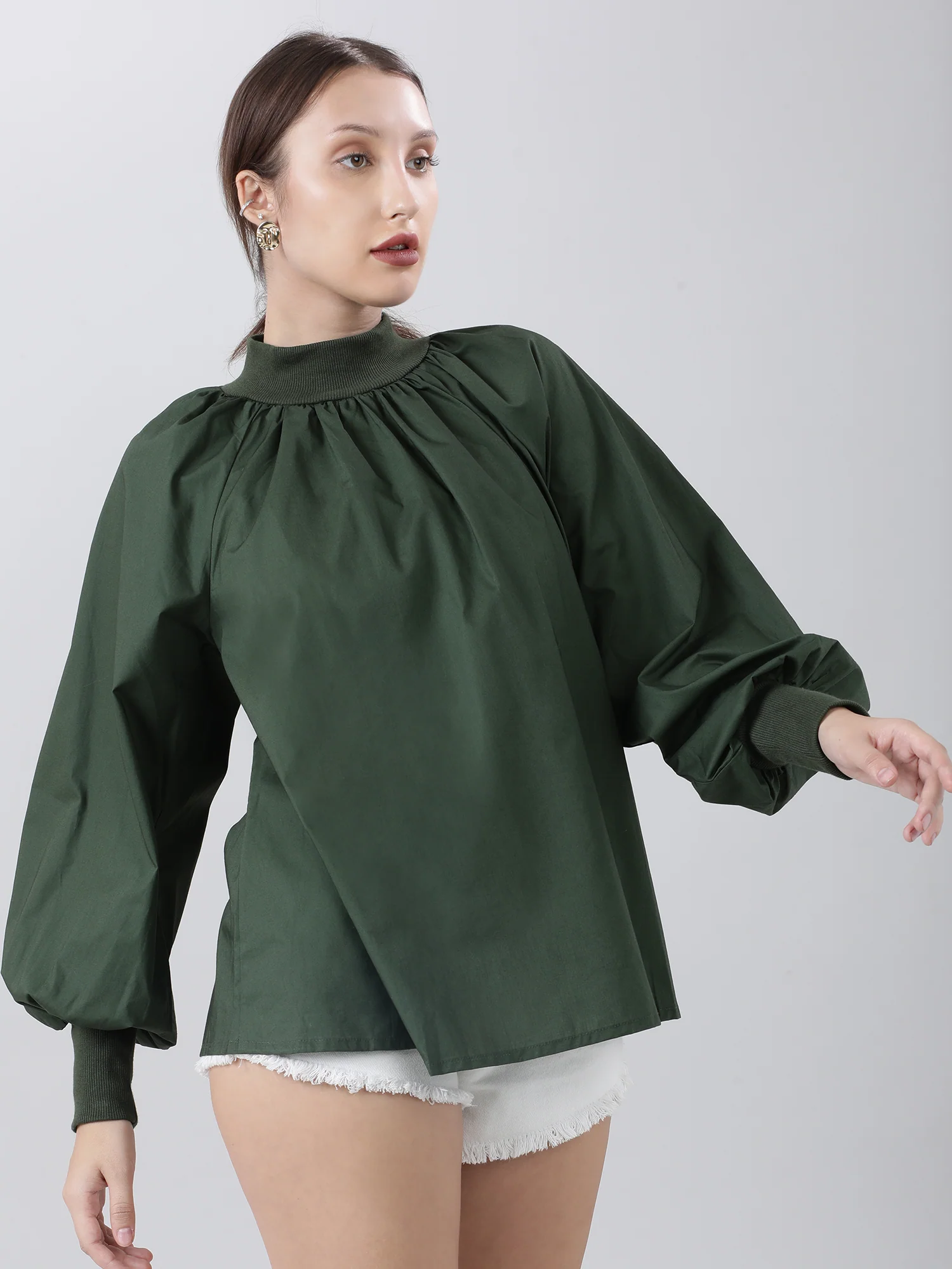 Women Regular Fit Green High Neck Top With Puffed Sleeves - Image 4