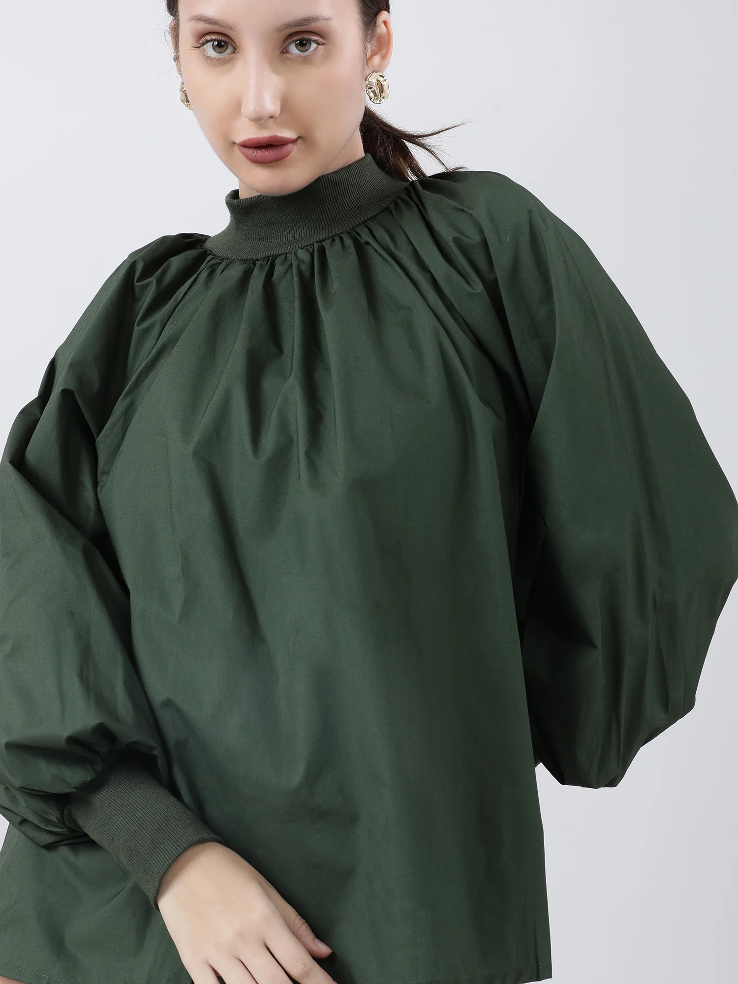 Women Regular Fit Green High Neck Top With Puffed Sleeves - Image 5