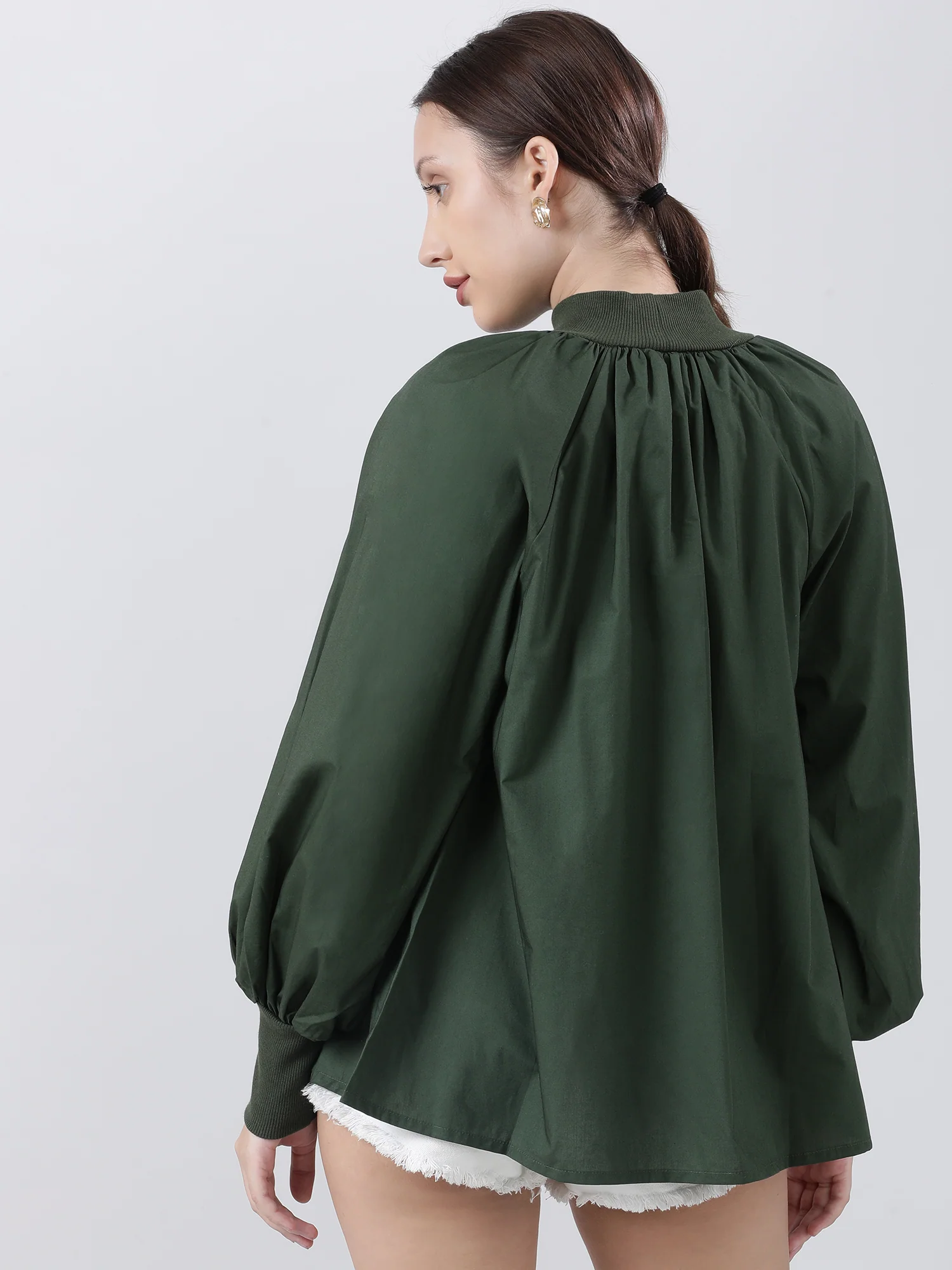 Women Regular Fit Green High Neck Top With Puffed Sleeves - Image 6