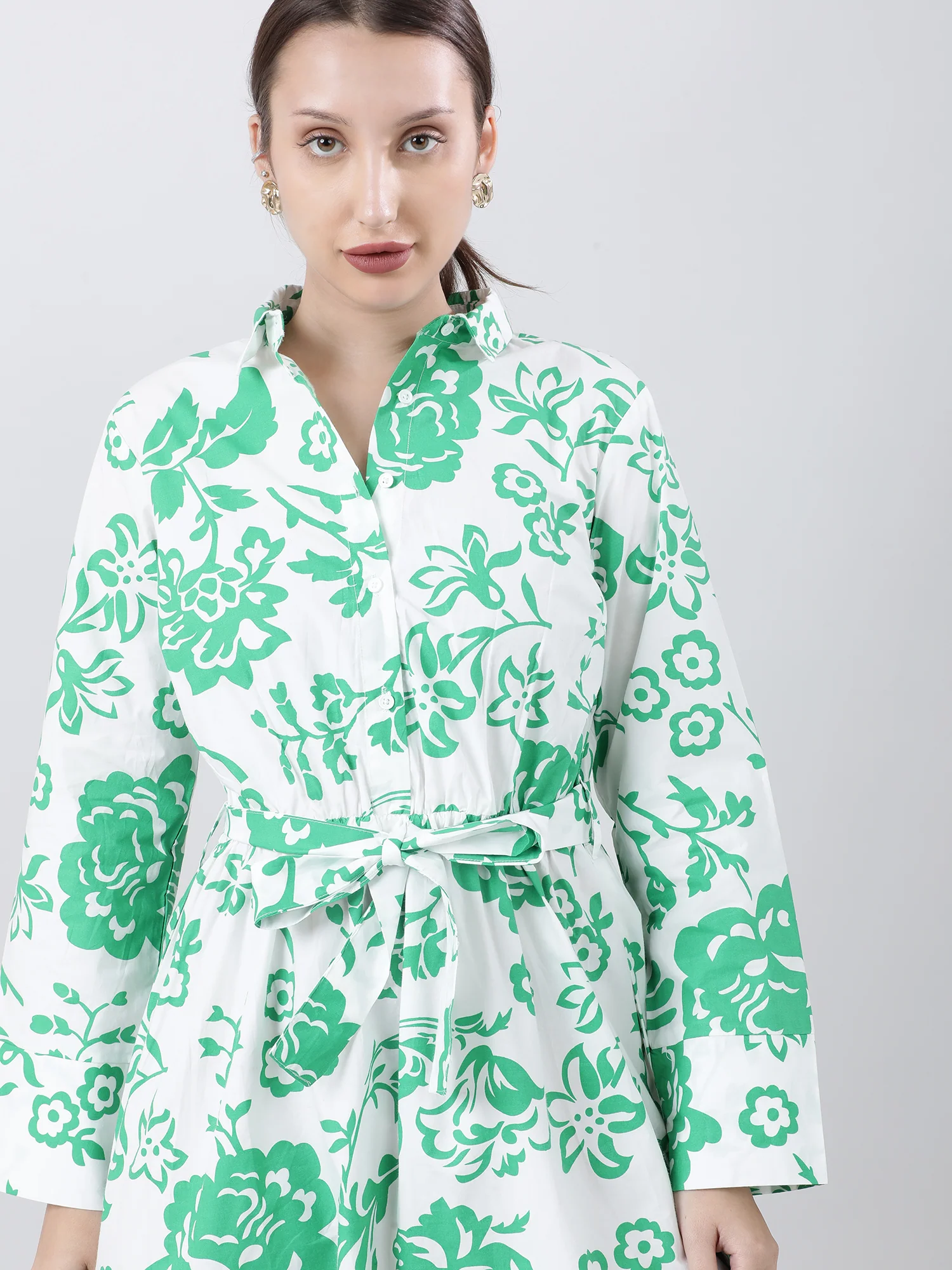 Women Regular Fit Green Printed A Line Midi Dress With Belt - Image 6