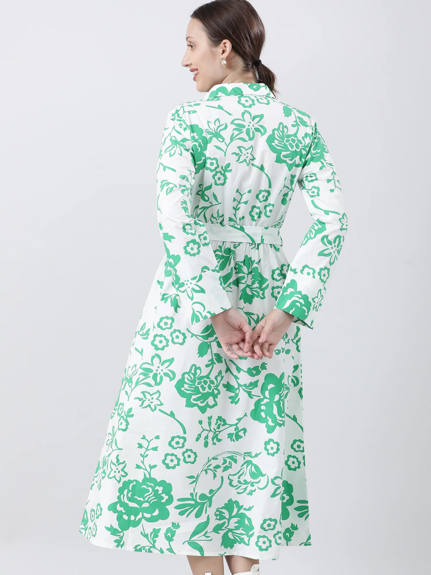 Women Regular Fit Green Printed A Line Midi Dress With Belt - Image 8