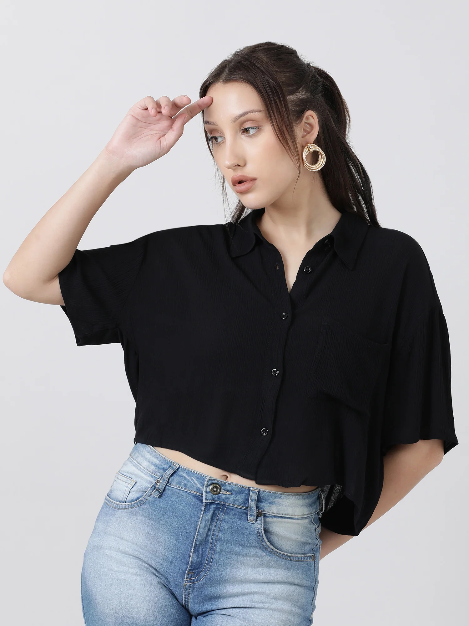Women Regular Fit High Low Button Down Black Shirt - Image 2