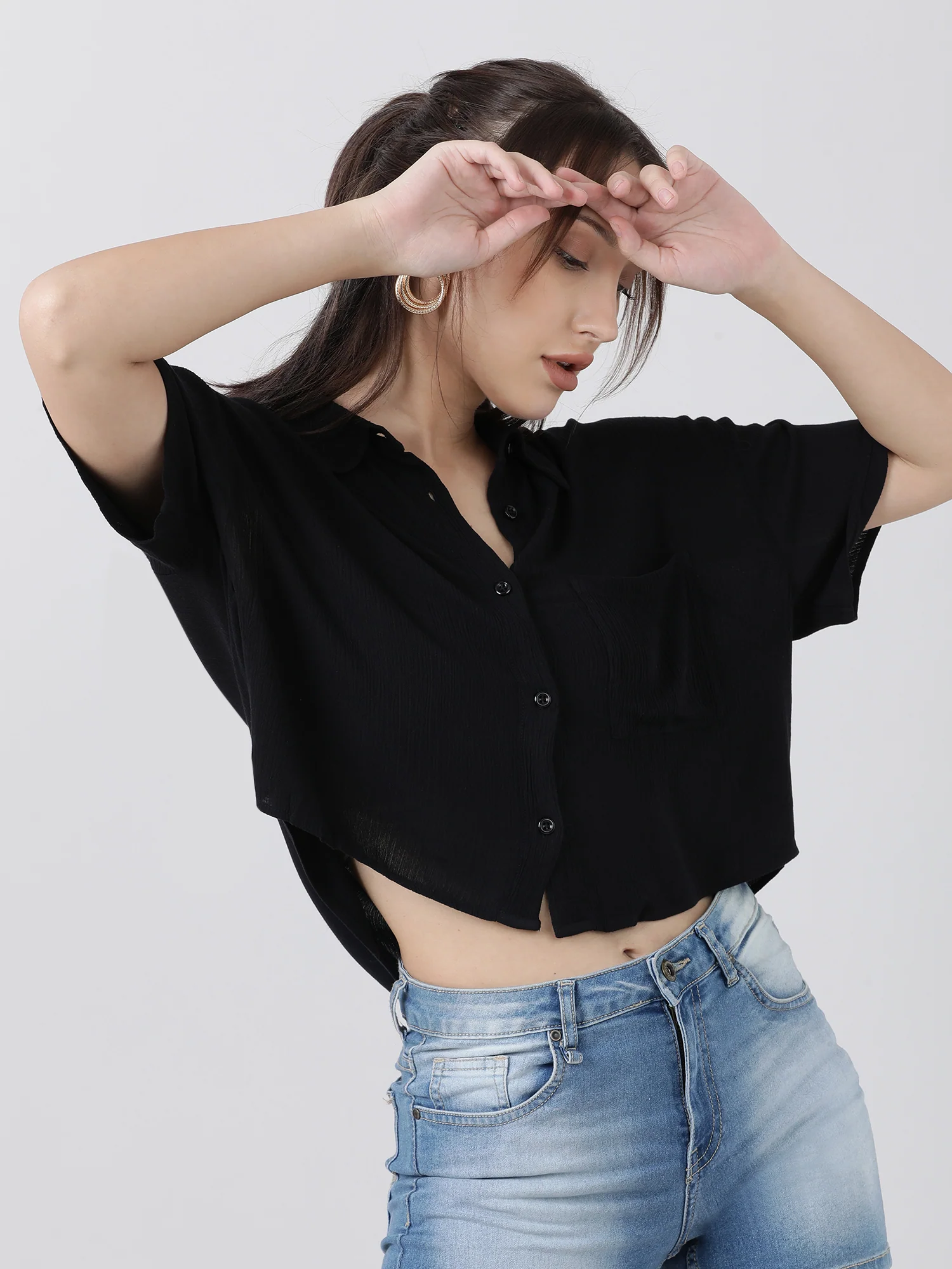 Women Regular Fit High Low Button Down Black Shirt - Image 3