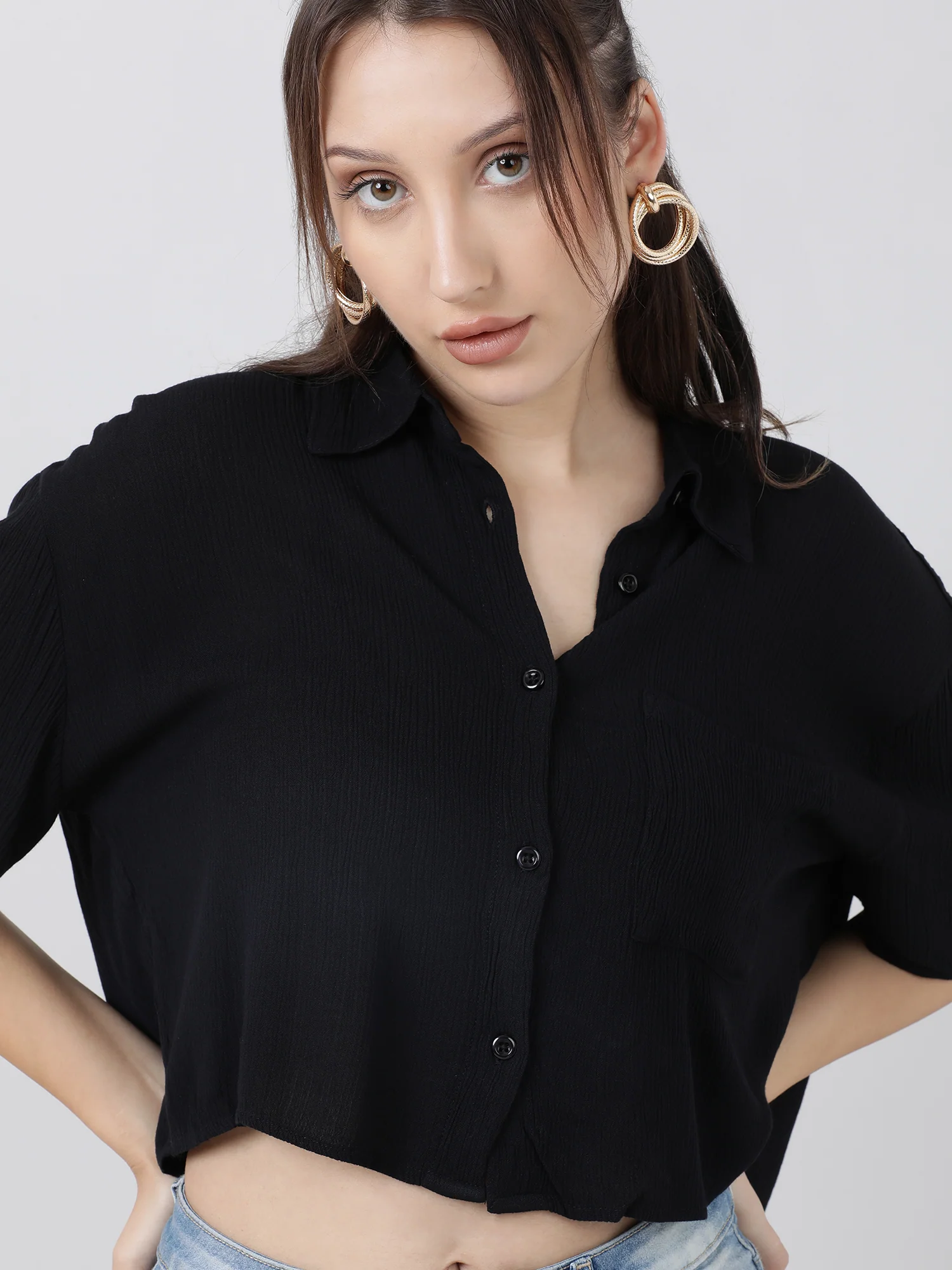 Women Regular Fit High Low Button Down Black Shirt - Image 4
