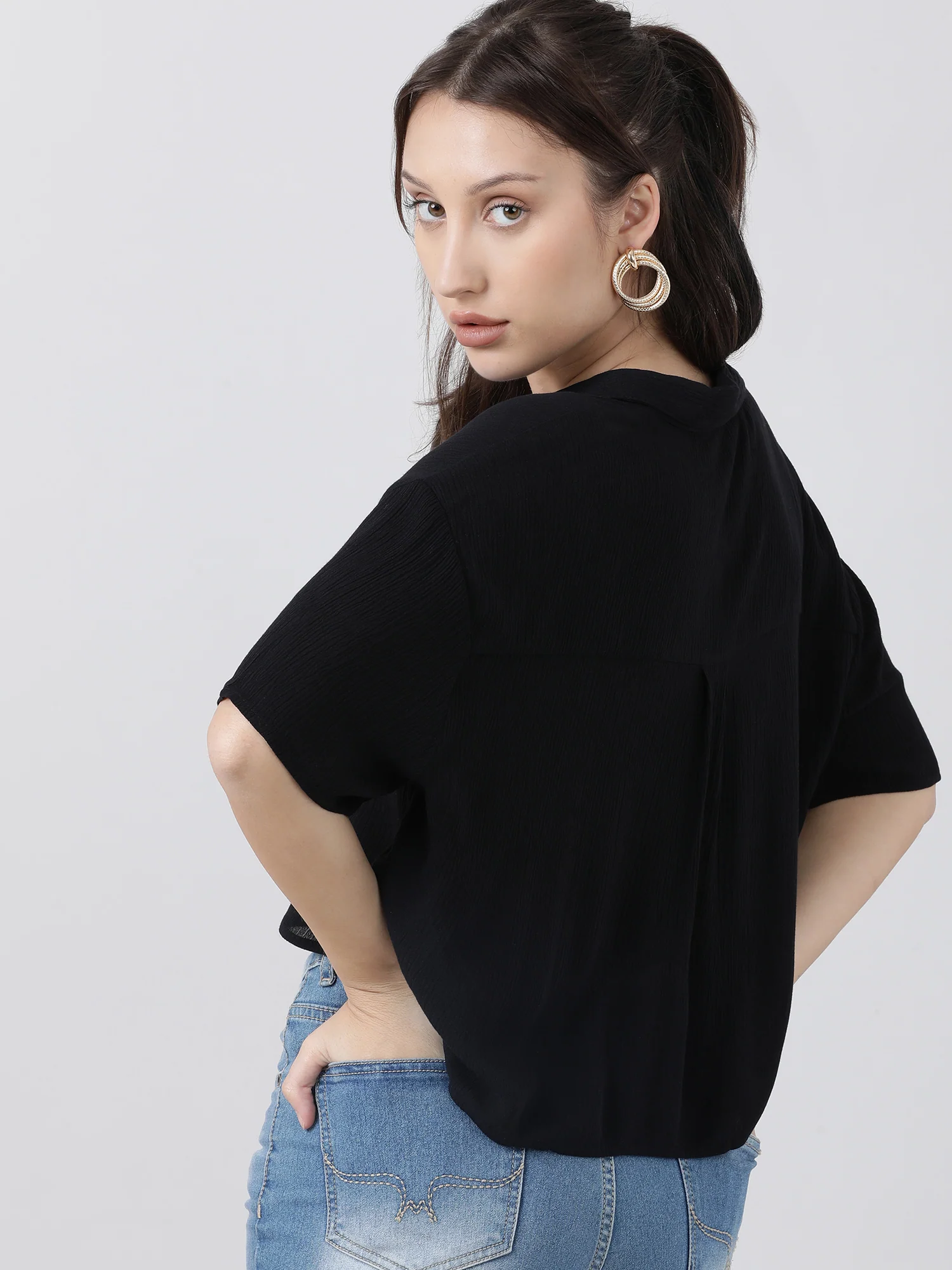 Women Regular Fit High Low Button Down Black Shirt - Image 5