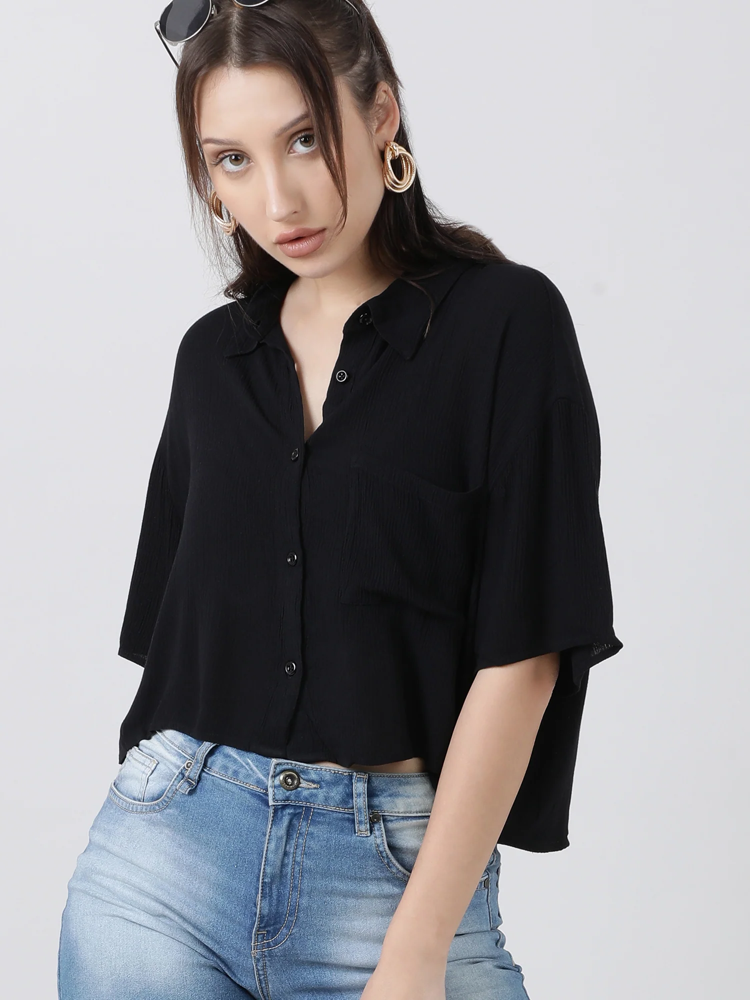Women Regular Fit High Low Button Down Black Shirt - Image 6