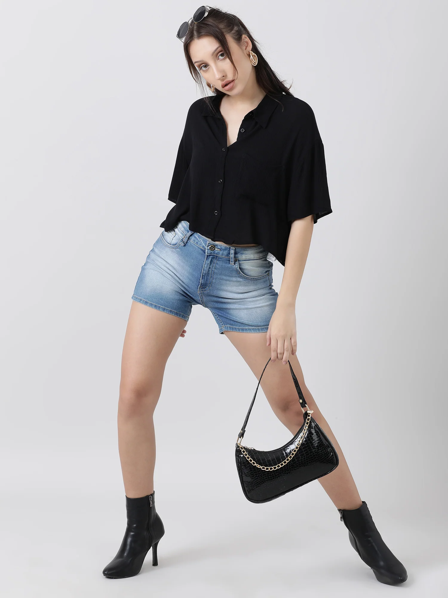 Women Regular Fit High Low Button Down Black Shirt - Image 7