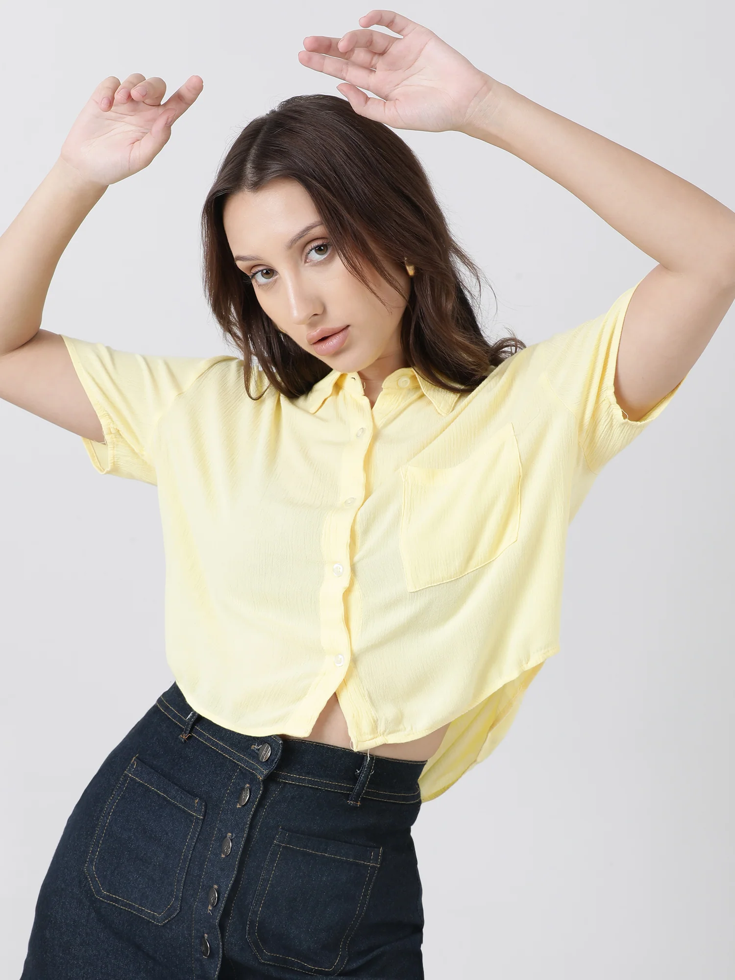 Women Regular Fit High Low Button Down Light Yellow Shirt - Image 2