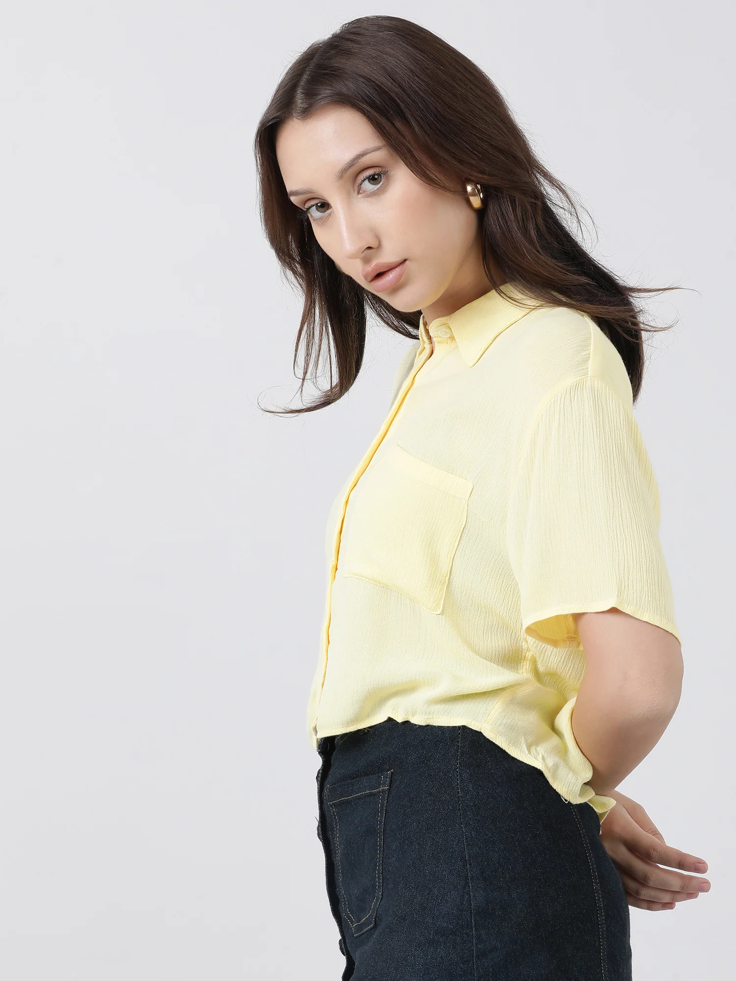 Women Regular Fit High Low Button Down Light Yellow Shirt - Image 3
