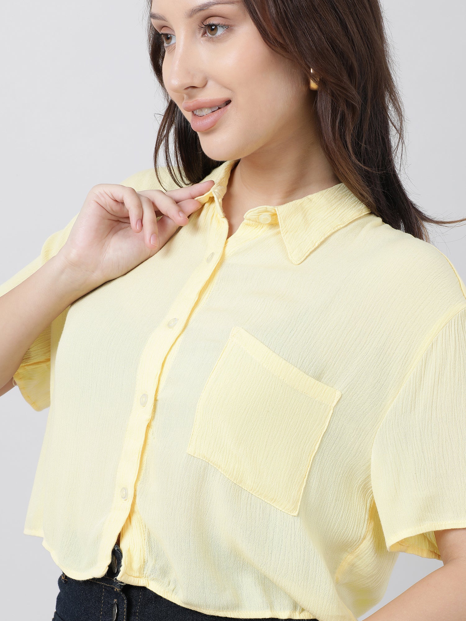 Women Regular Fit High Low Button Down Light Yellow Shirt - Image 5