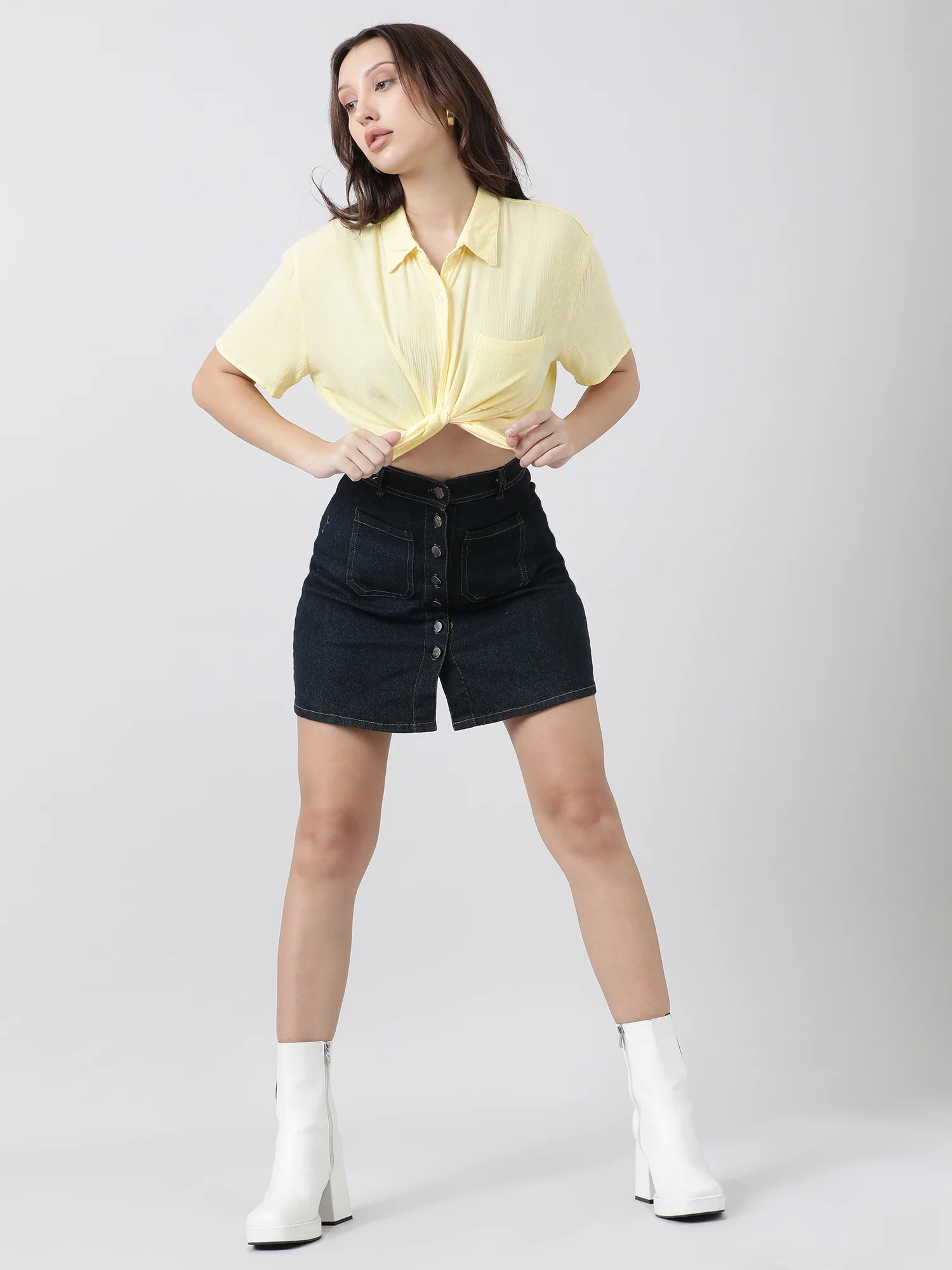 Women Regular Fit High Low Button Down Light Yellow Shirt - Image 7