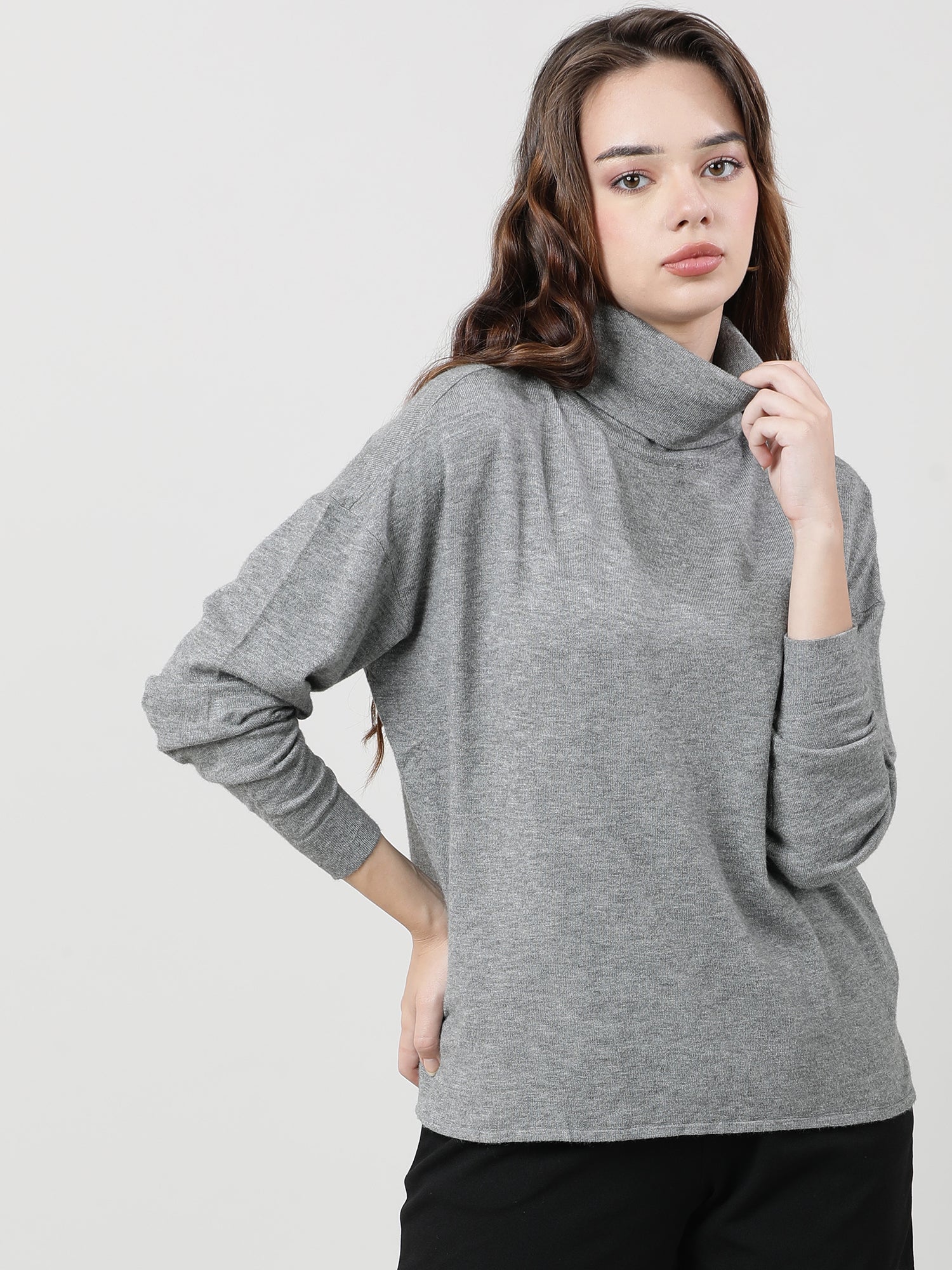 Women Regular Fit High Neck Drop Shoulder Grey Top - Image 3