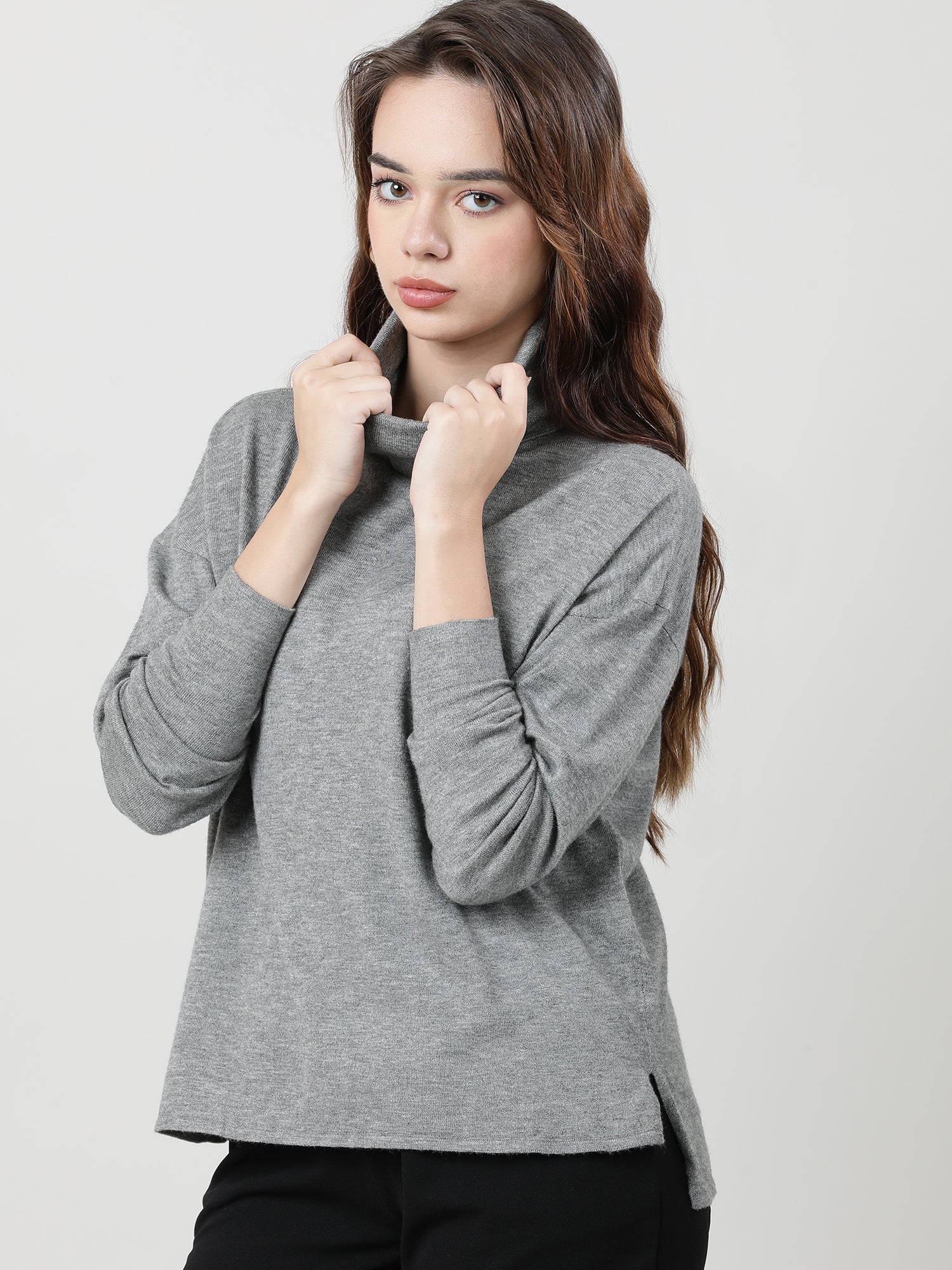 Women Regular Fit High Neck Drop Shoulder Grey Top - Image 4