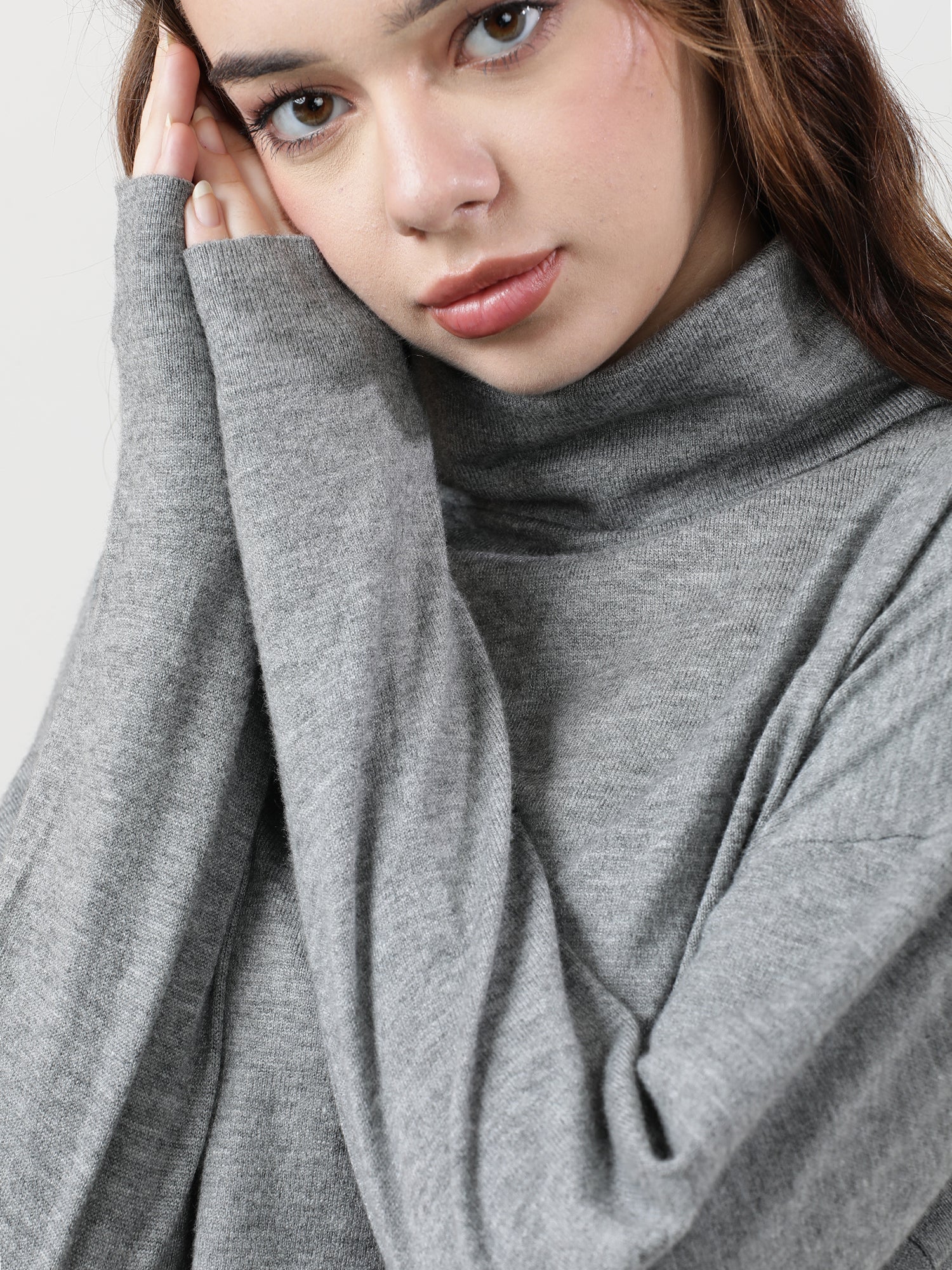 Women Regular Fit High Neck Drop Shoulder Grey Top - Image 5