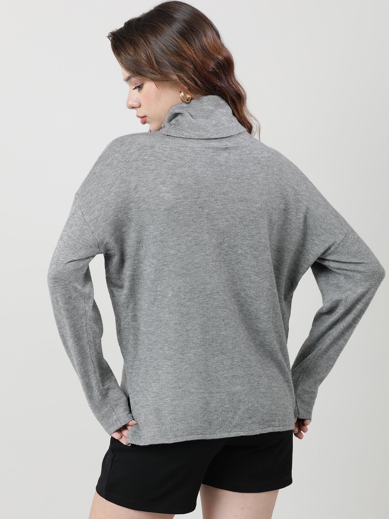 Women Regular Fit High Neck Drop Shoulder Grey Top - Image 6