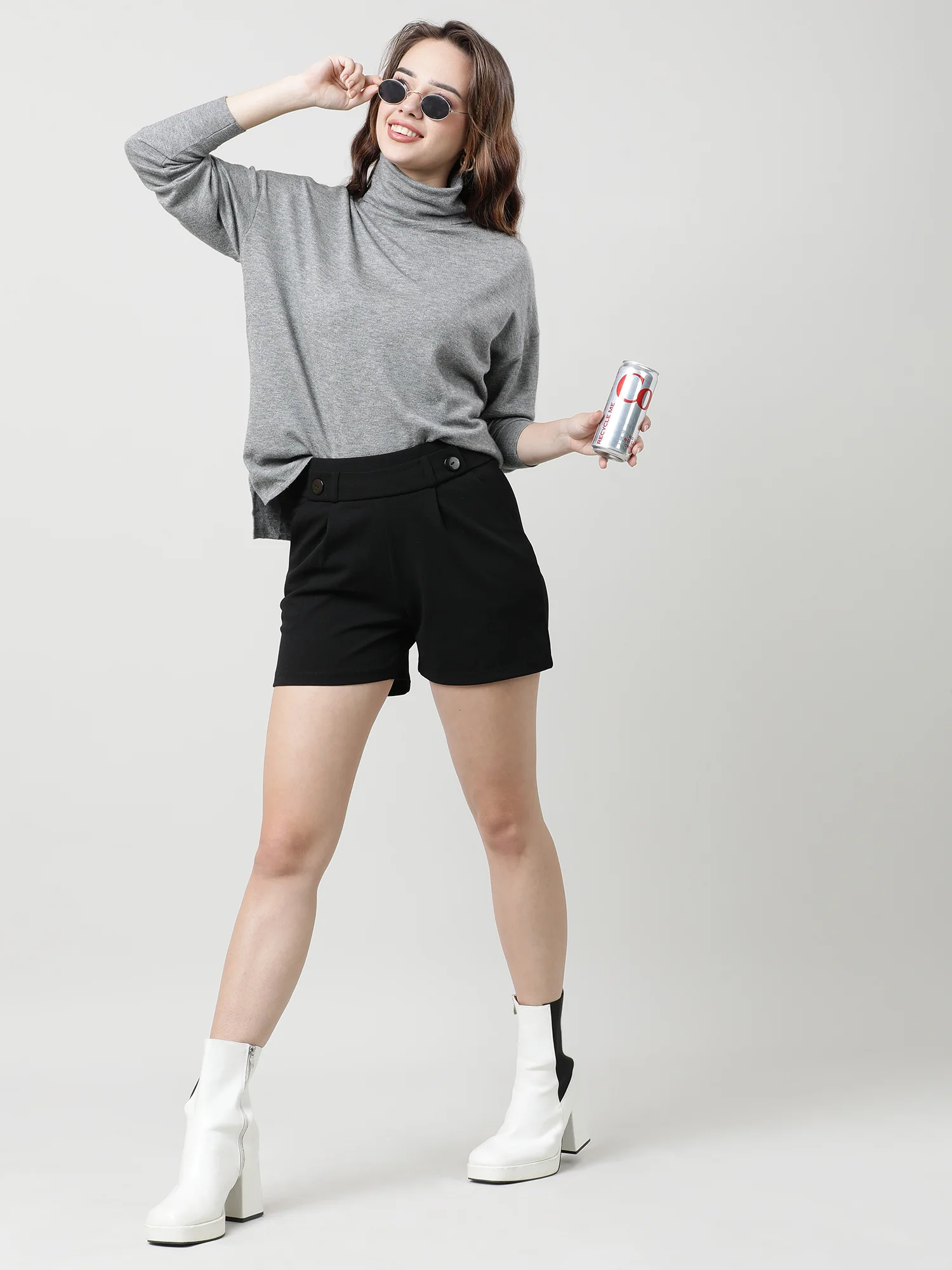 Women Regular Fit High Neck Drop Shoulder Grey Top - Image 7