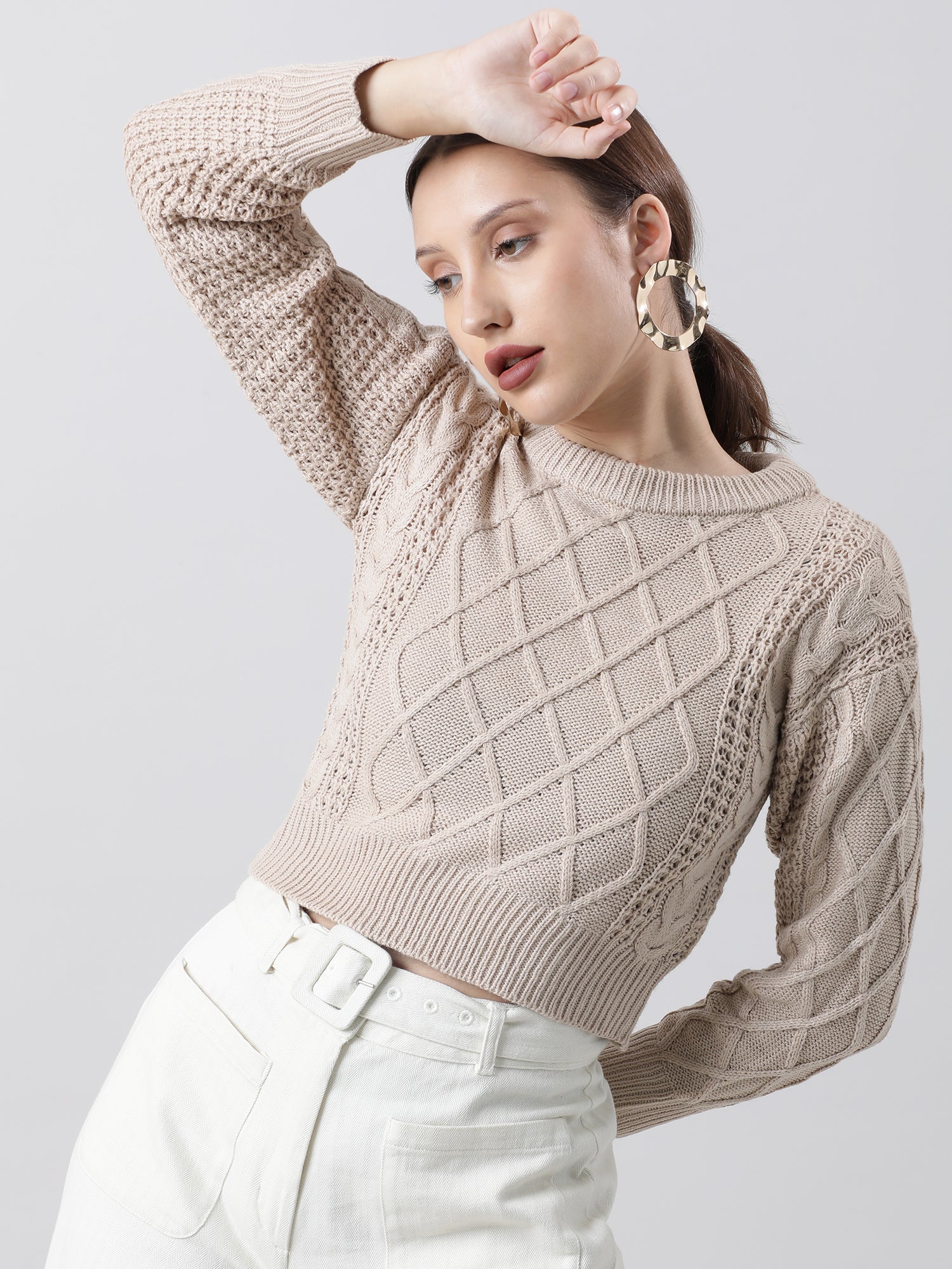 Women Regular Fit Knitted Beige Cropped Sweater - Image 2