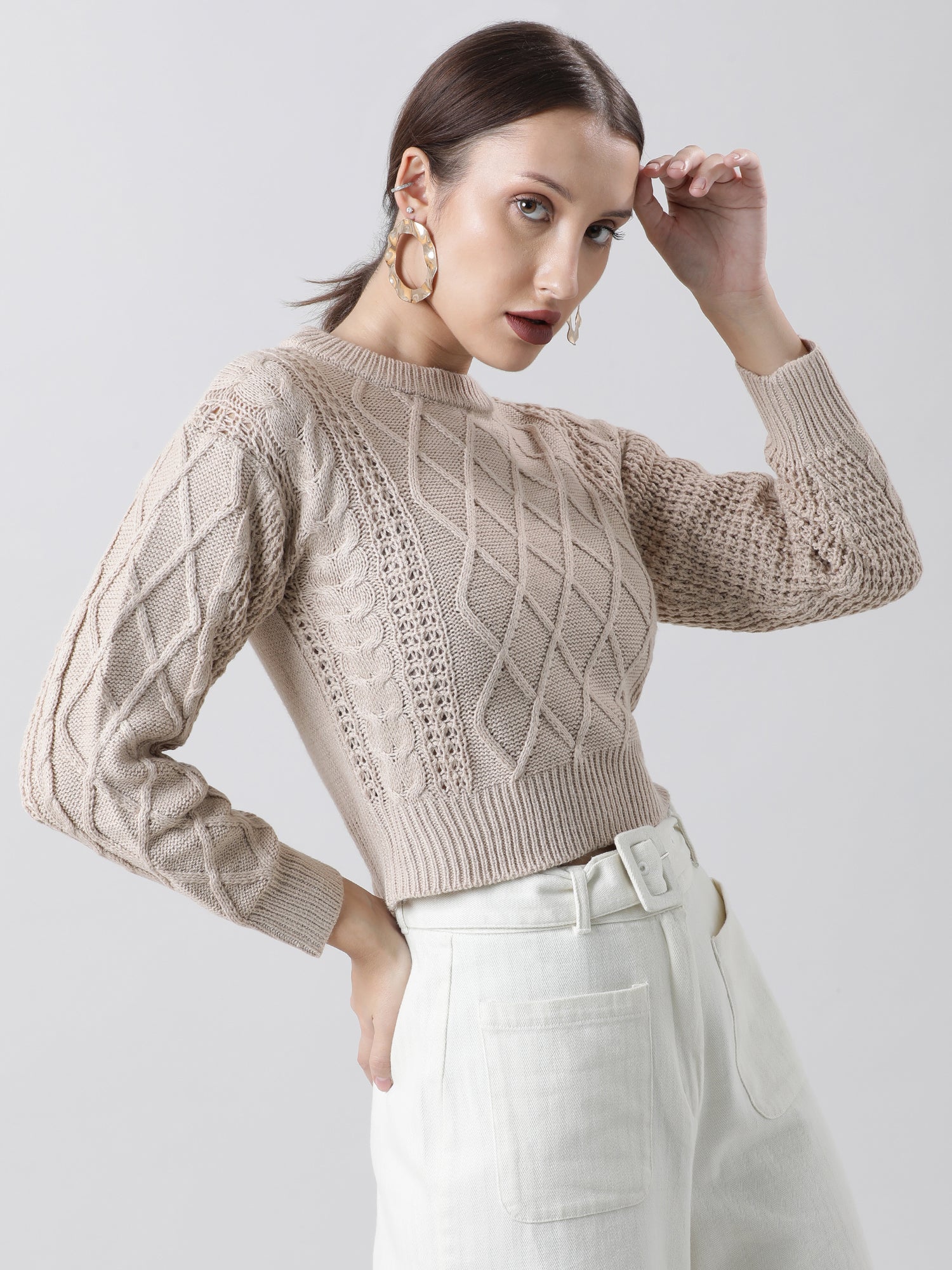 Women Regular Fit Knitted Beige Cropped Sweater - Image 3