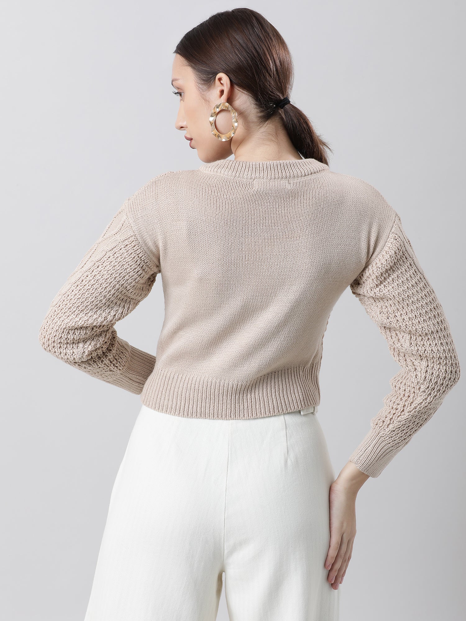 Women Regular Fit Knitted Beige Cropped Sweater - Image 4