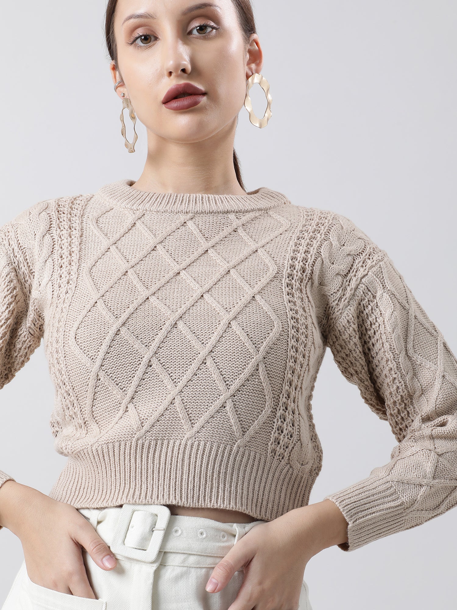 Women Regular Fit Knitted Beige Cropped Sweater - Image 5