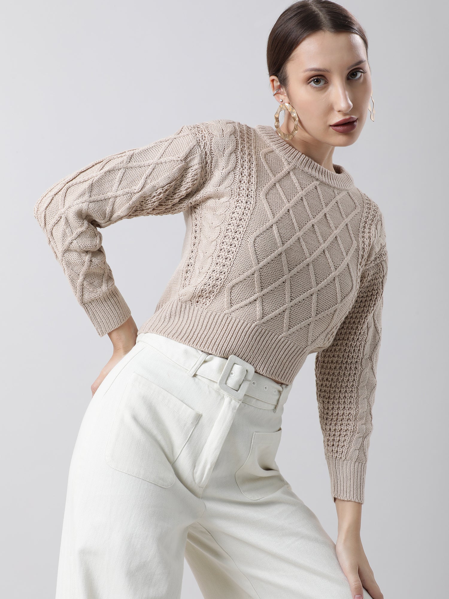 Women Regular Fit Knitted Beige Cropped Sweater - Image 6