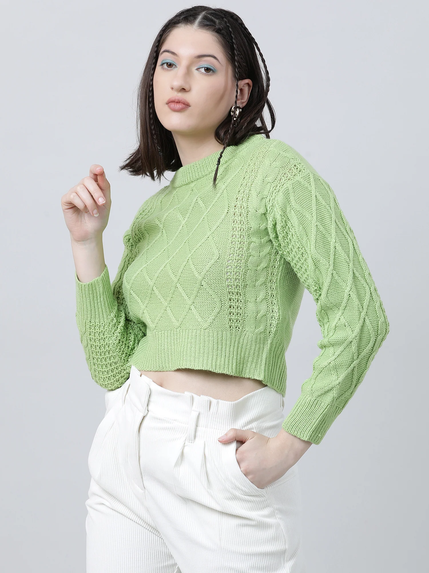 Women Regular Fit Knitted Green Cropped Sweater - Image 3