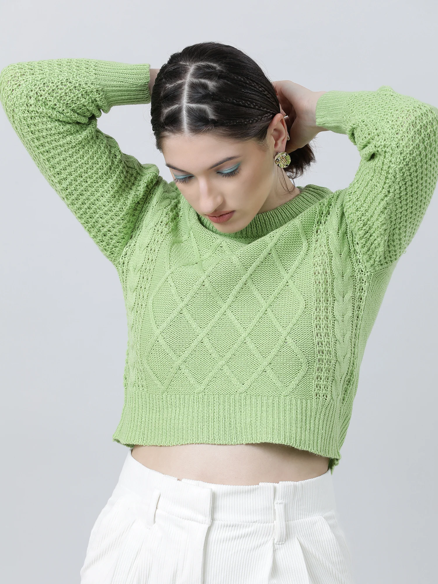 Women Regular Fit Knitted Green Cropped Sweater - Image 4