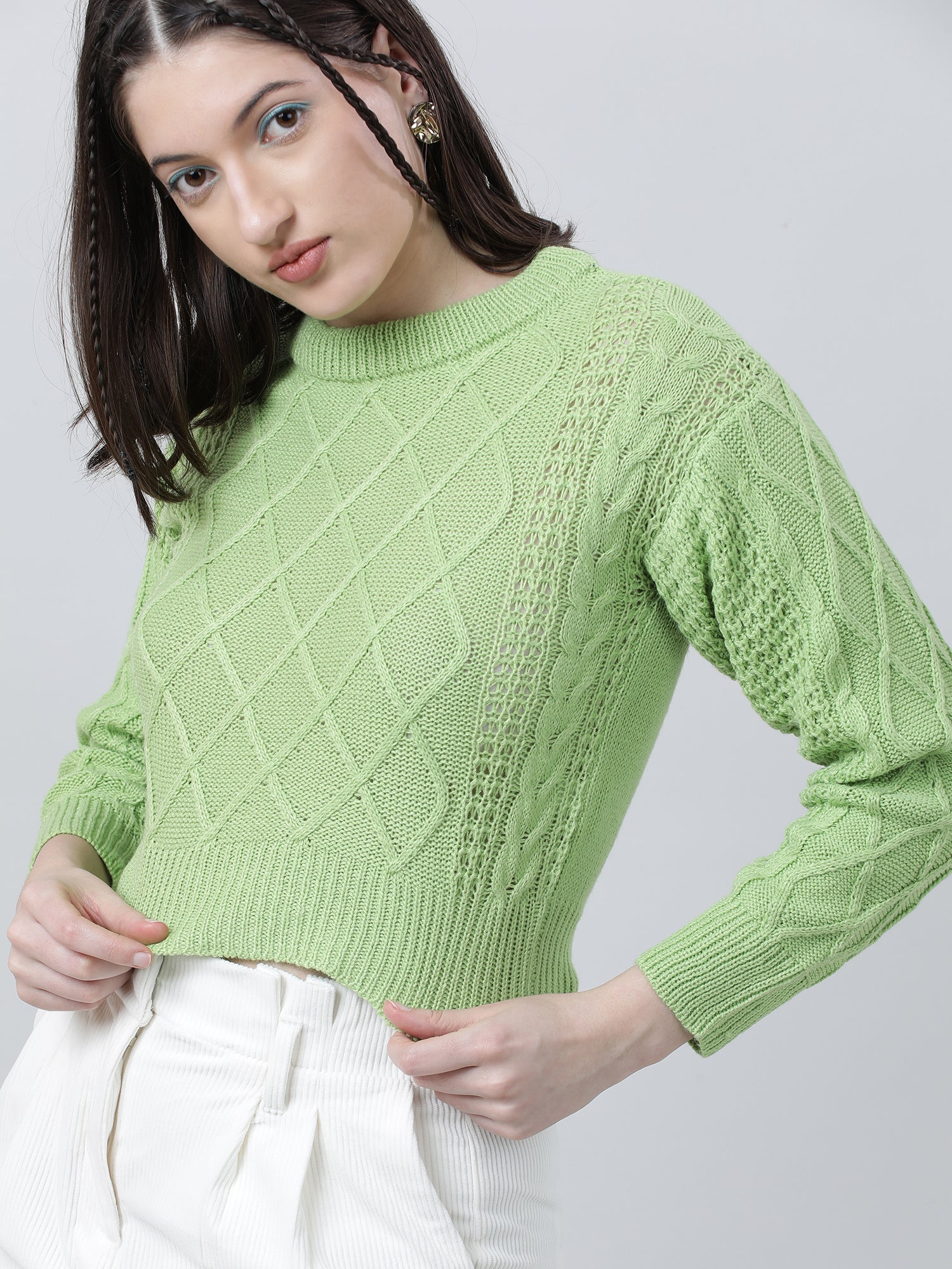 Women Regular Fit Knitted Green Cropped Sweater - Image 5