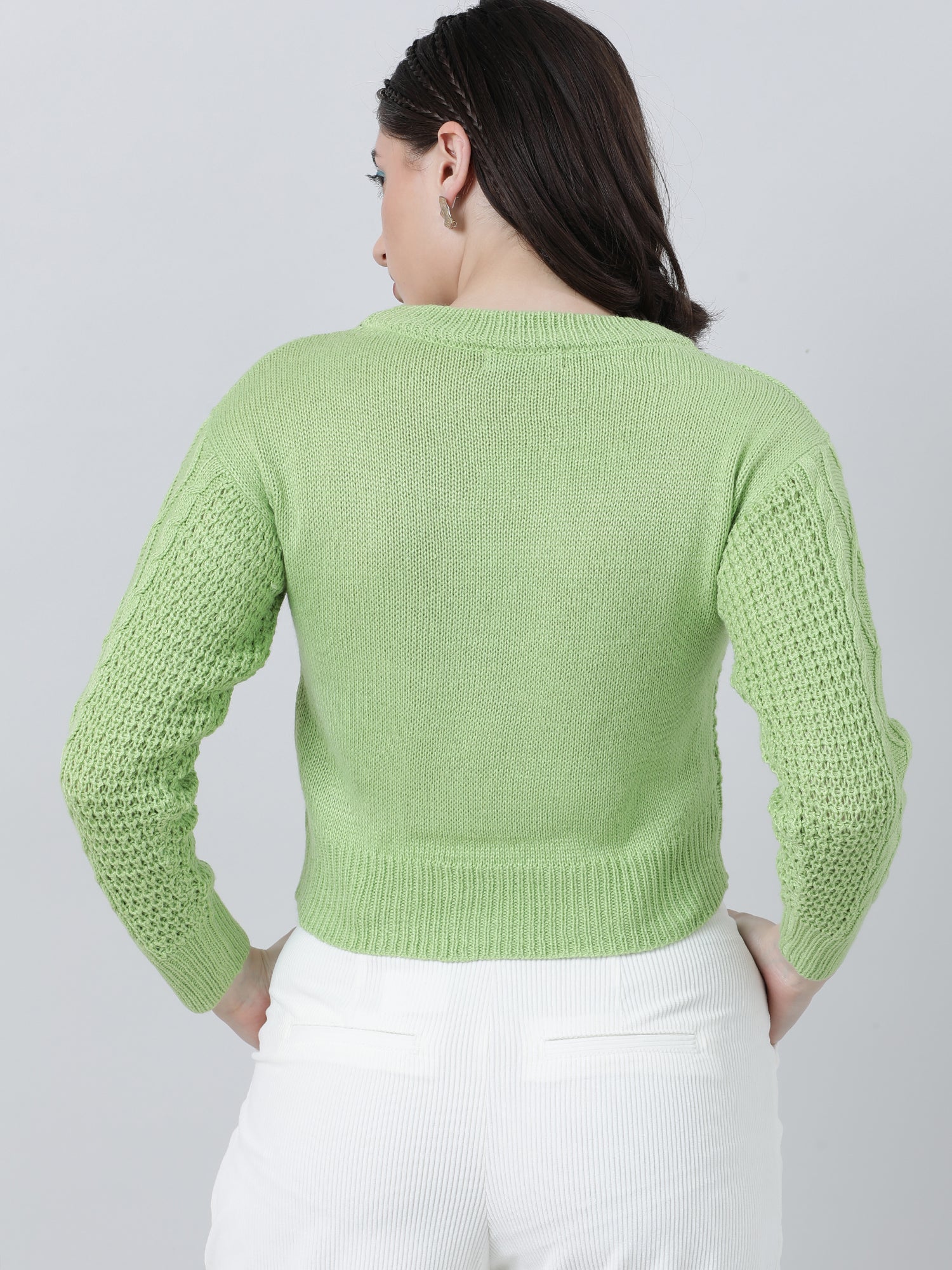Women Regular Fit Knitted Green Cropped Sweater - Image 6