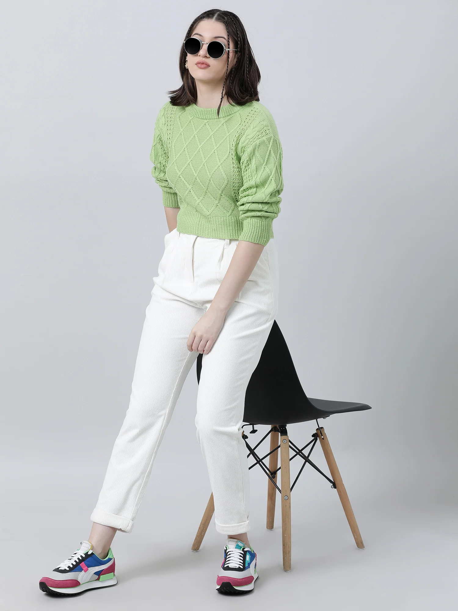 Women Regular Fit Knitted Green Cropped Sweater - Image 7