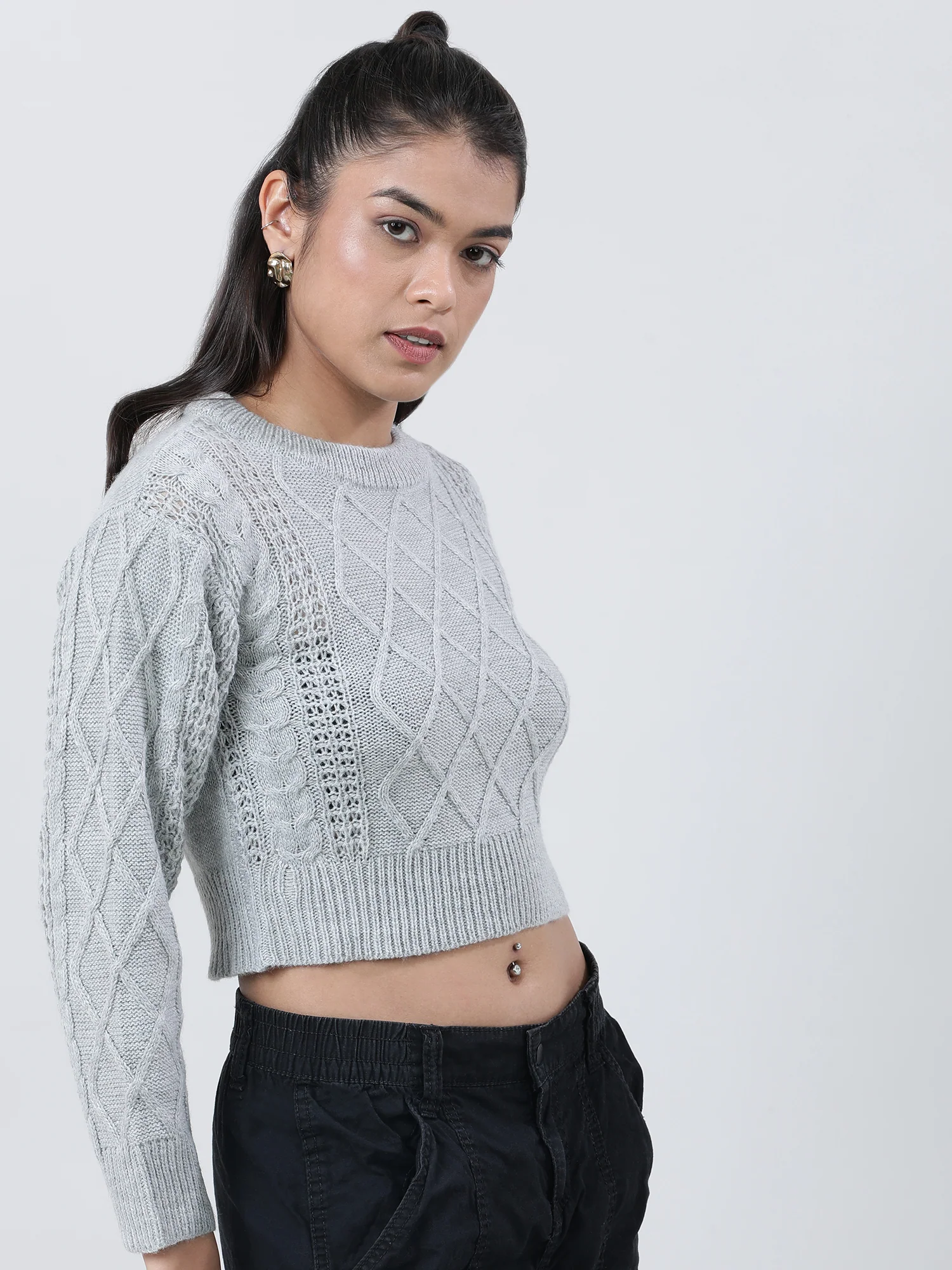 Women Regular Fit Knitted Grey Cropped Sweater - Image 6