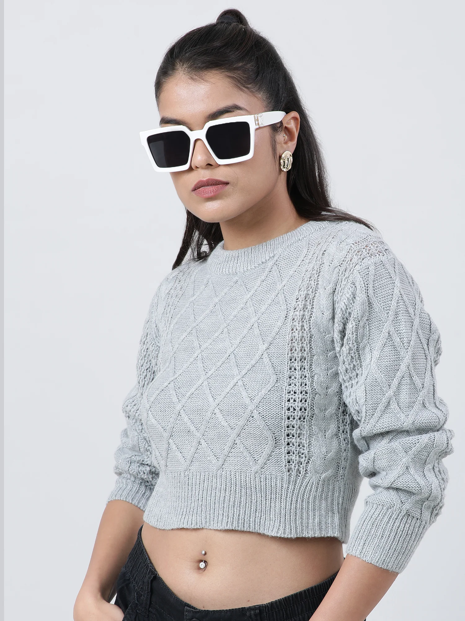Women Regular Fit Knitted Grey Cropped Sweater - Image 7
