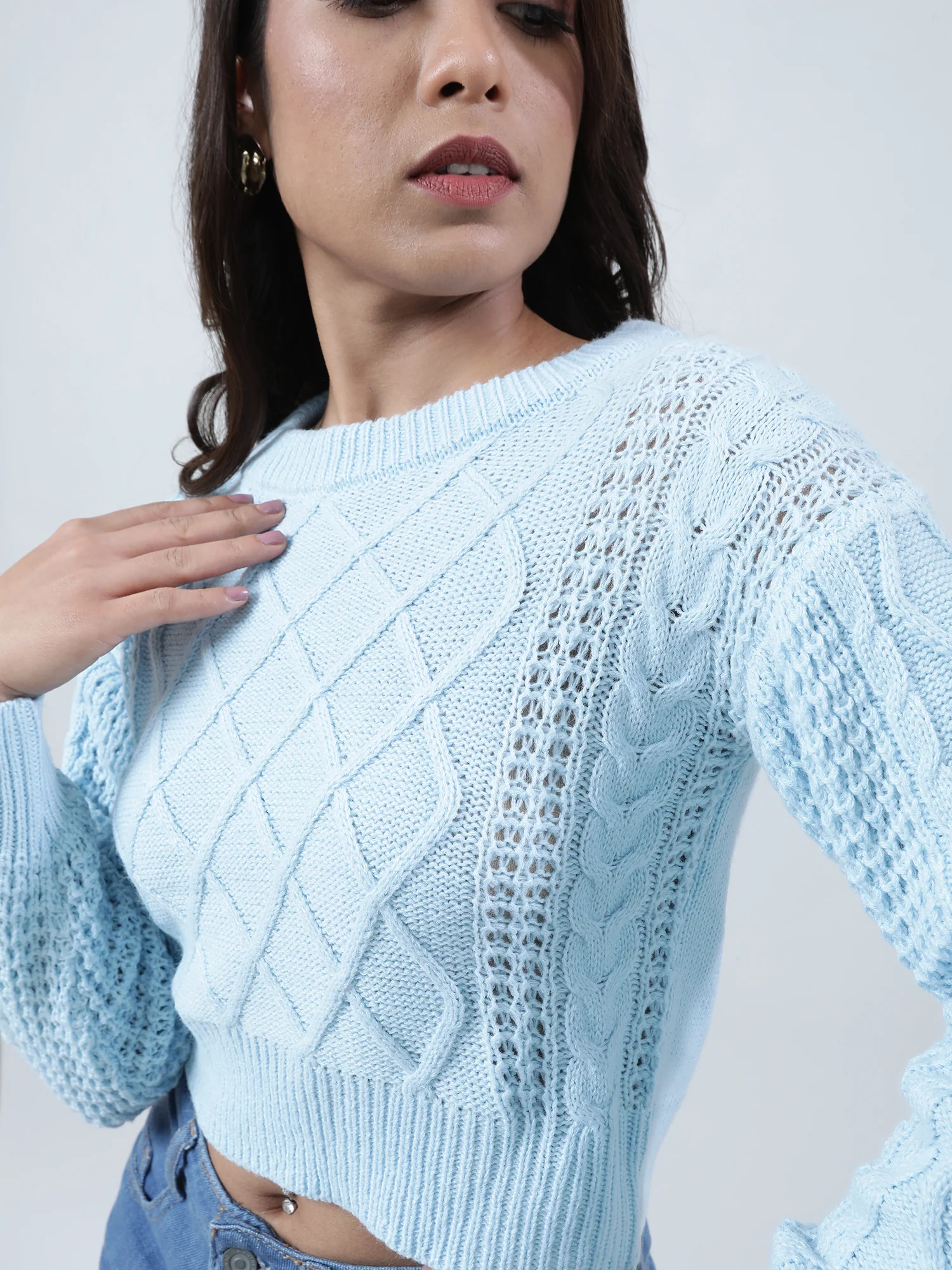 Women Regular Fit Knitted Light Blue Cropped Sweater - Image 4