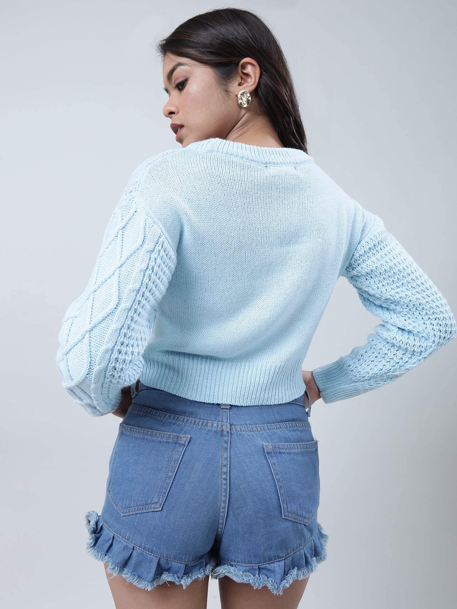 Women Regular Fit Knitted Light Blue Cropped Sweater - Image 5