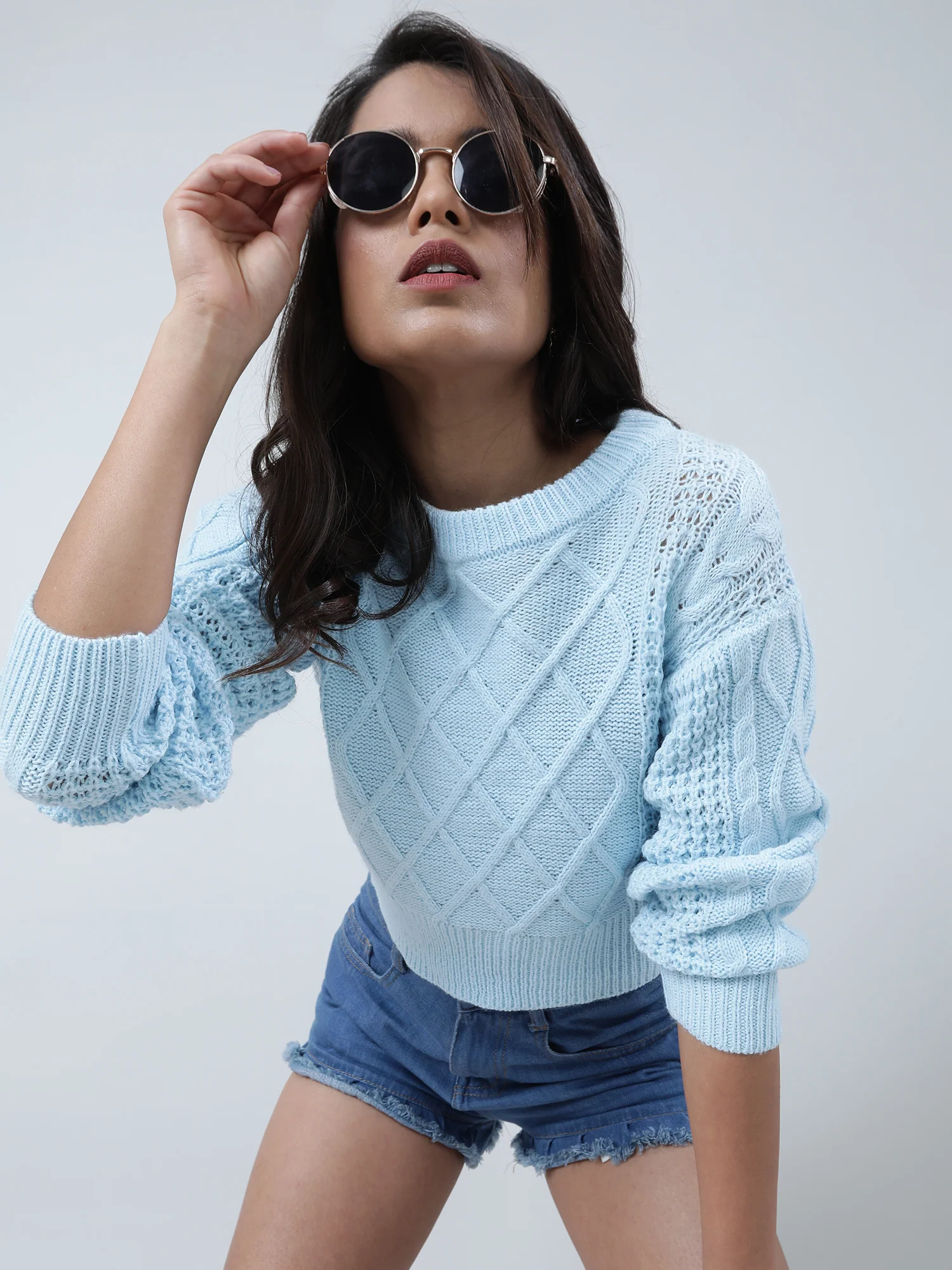 Women Regular Fit Knitted Light Blue Cropped Sweater - Image 6