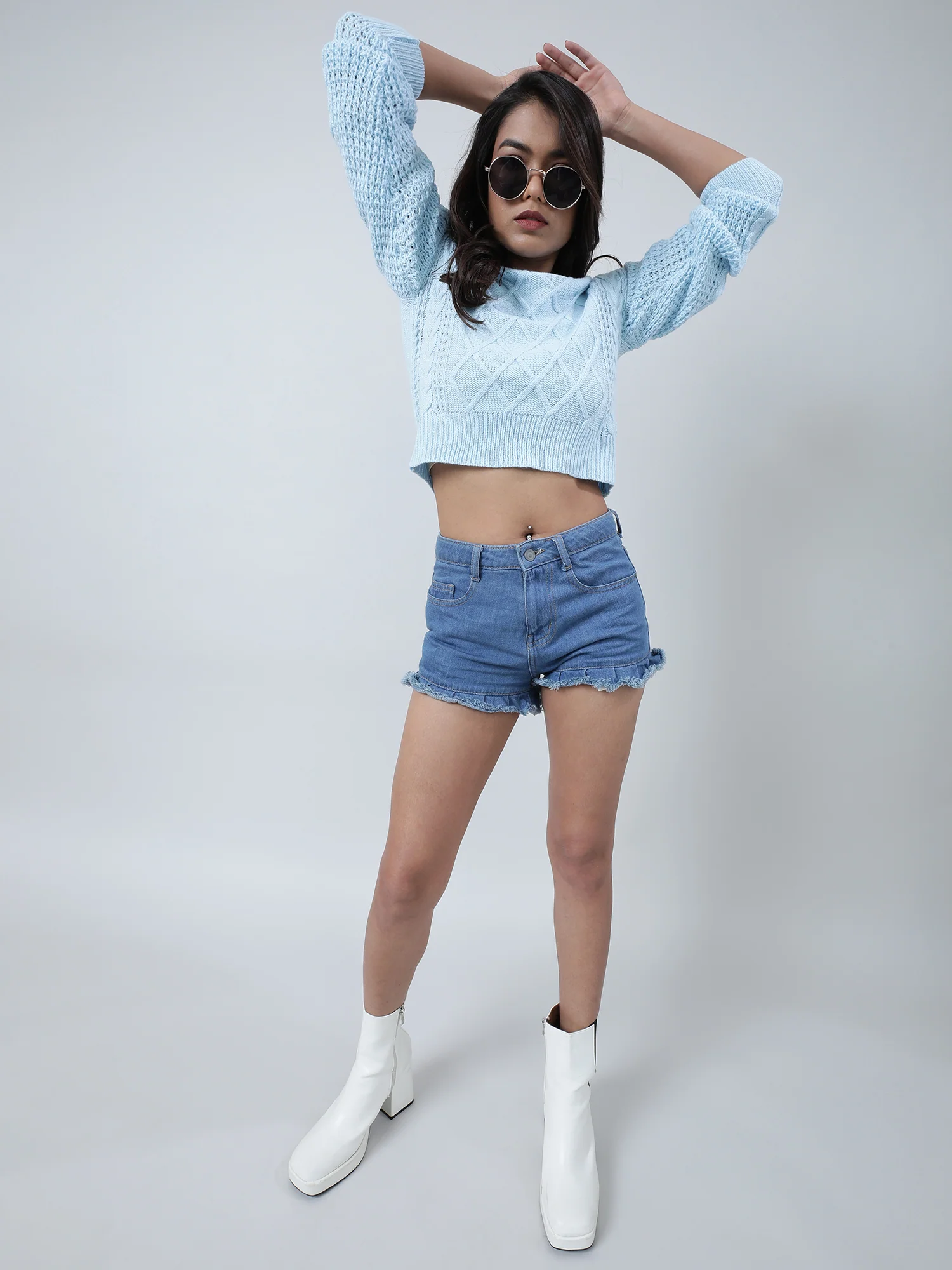 Women Regular Fit Knitted Light Blue Cropped Sweater - Image 7