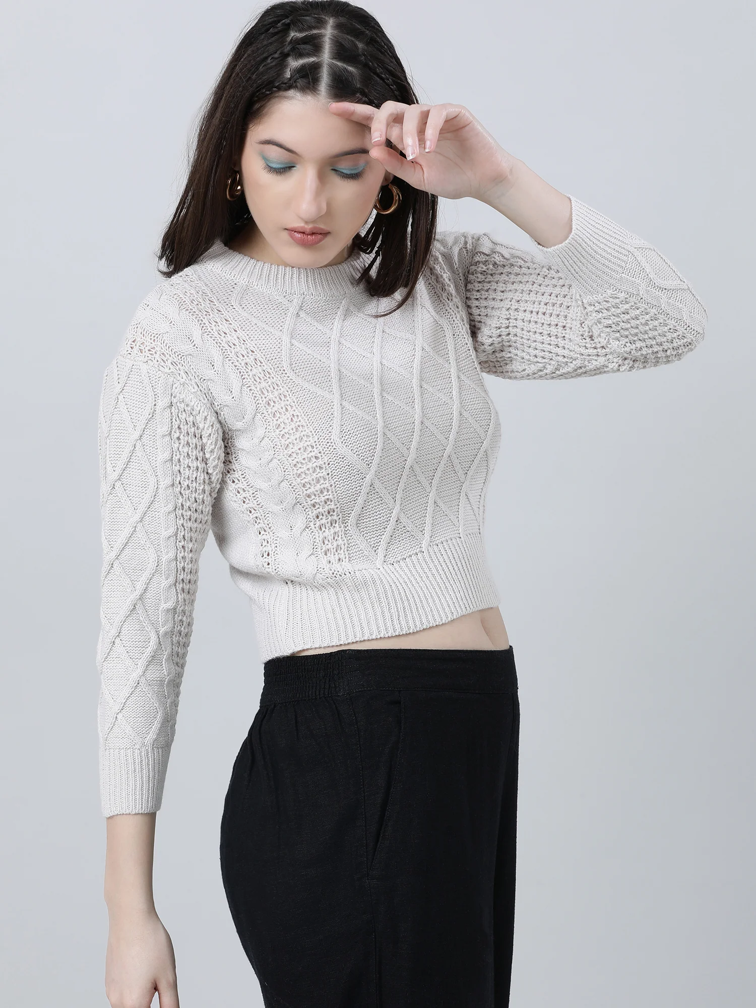 Women Regular Fit Knitted White Cropped Sweater - Image 3