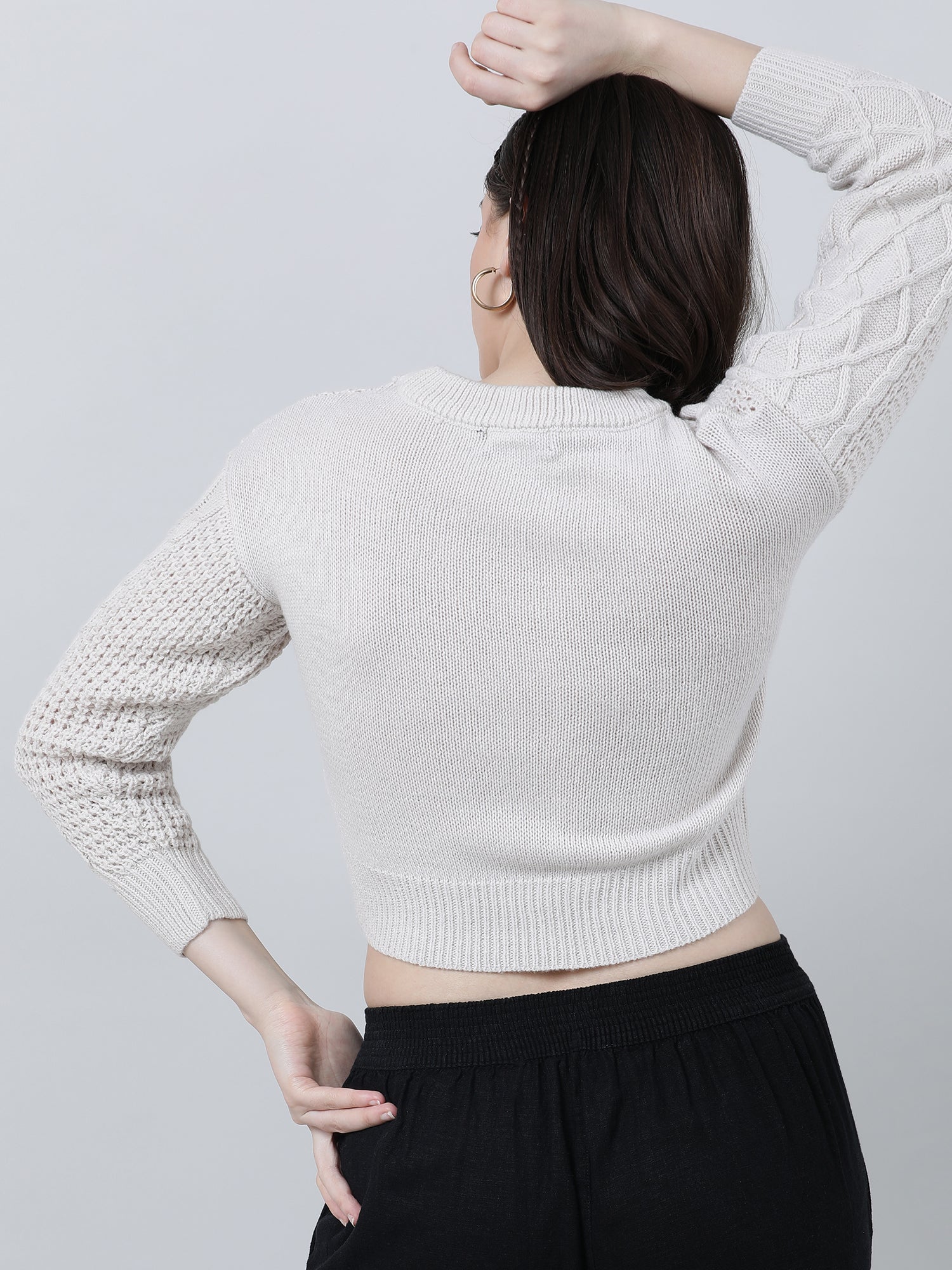 Women Regular Fit Knitted White Cropped Sweater - Image 5