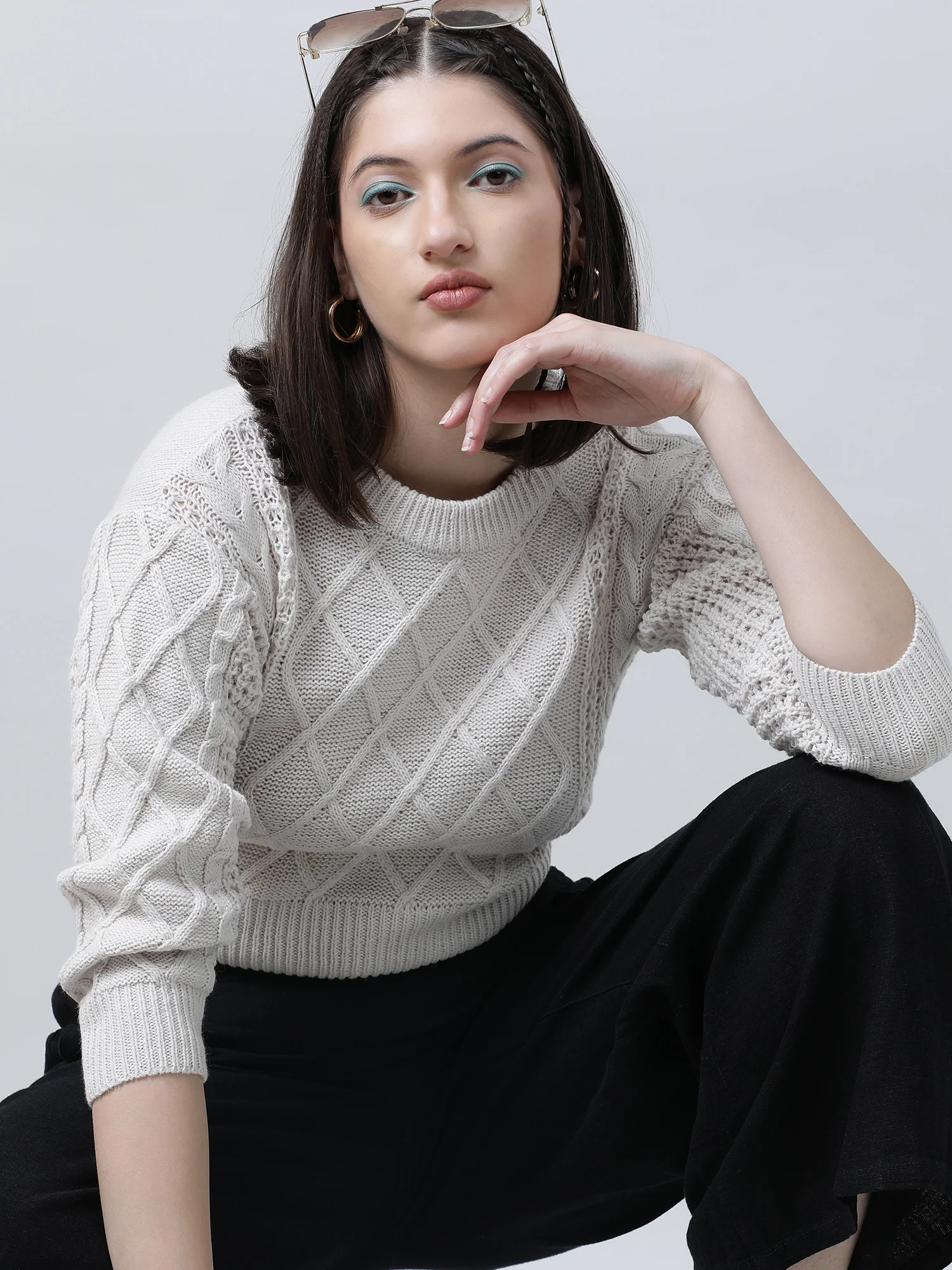 Women Regular Fit Knitted White Cropped Sweater - Image 6