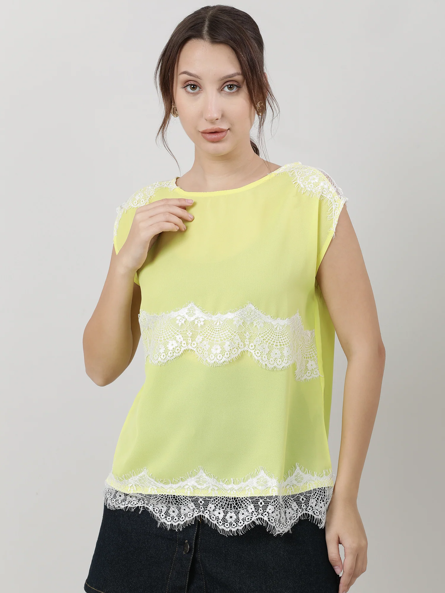 Women Regular Fit Lime Yellow Top - Image 2