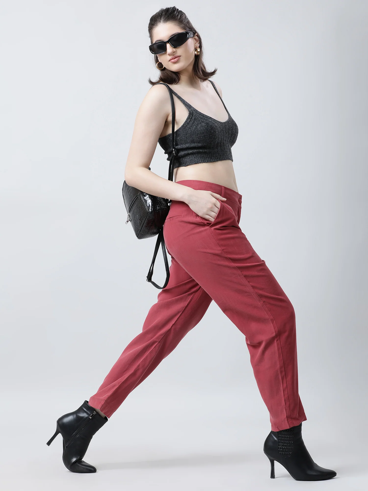 Women Regular Fit Mid Rise Solid Maroon Pants - Image 6