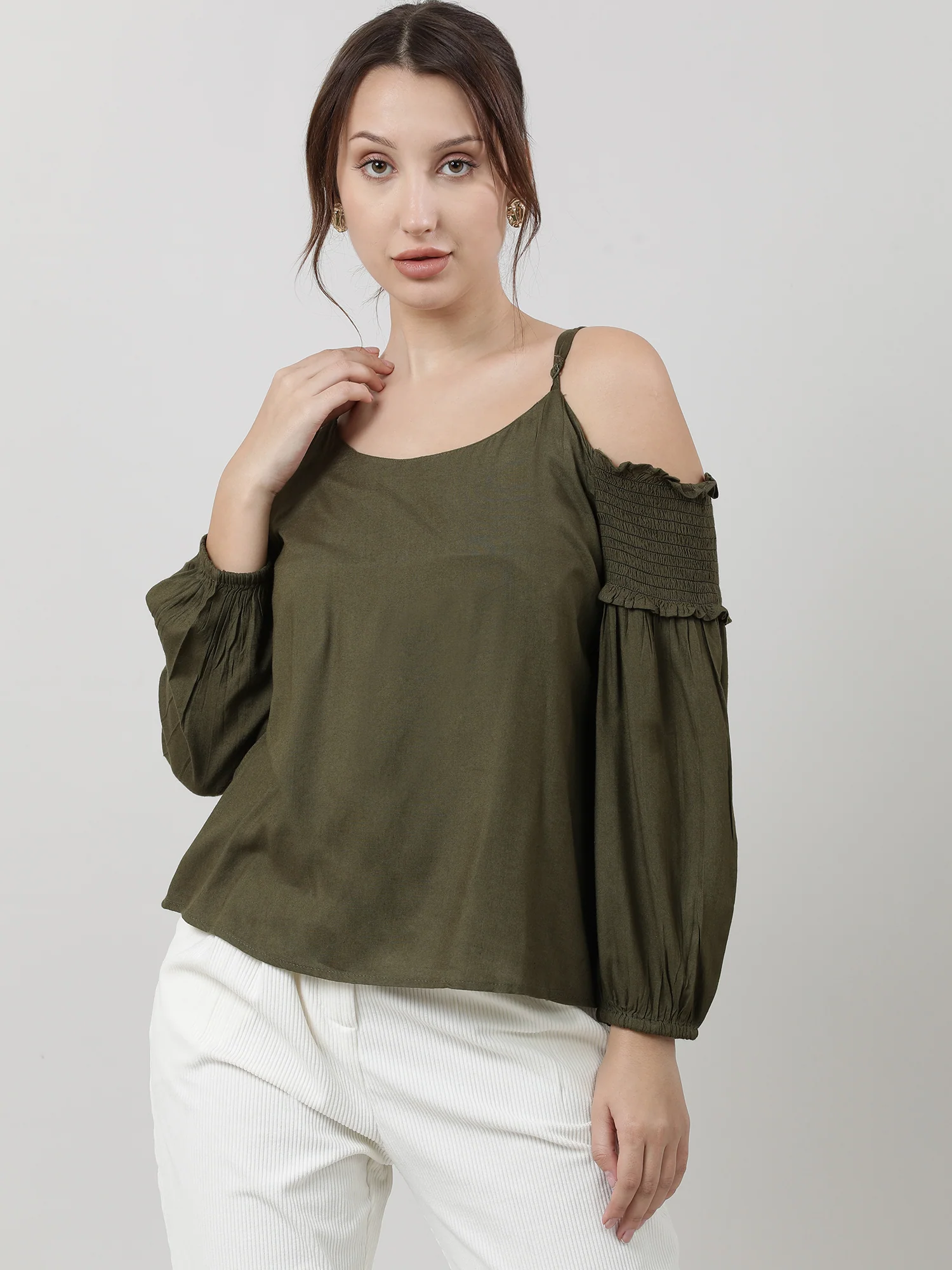 Women Regular Fit Olive Cold Shoulder Top - Image 2