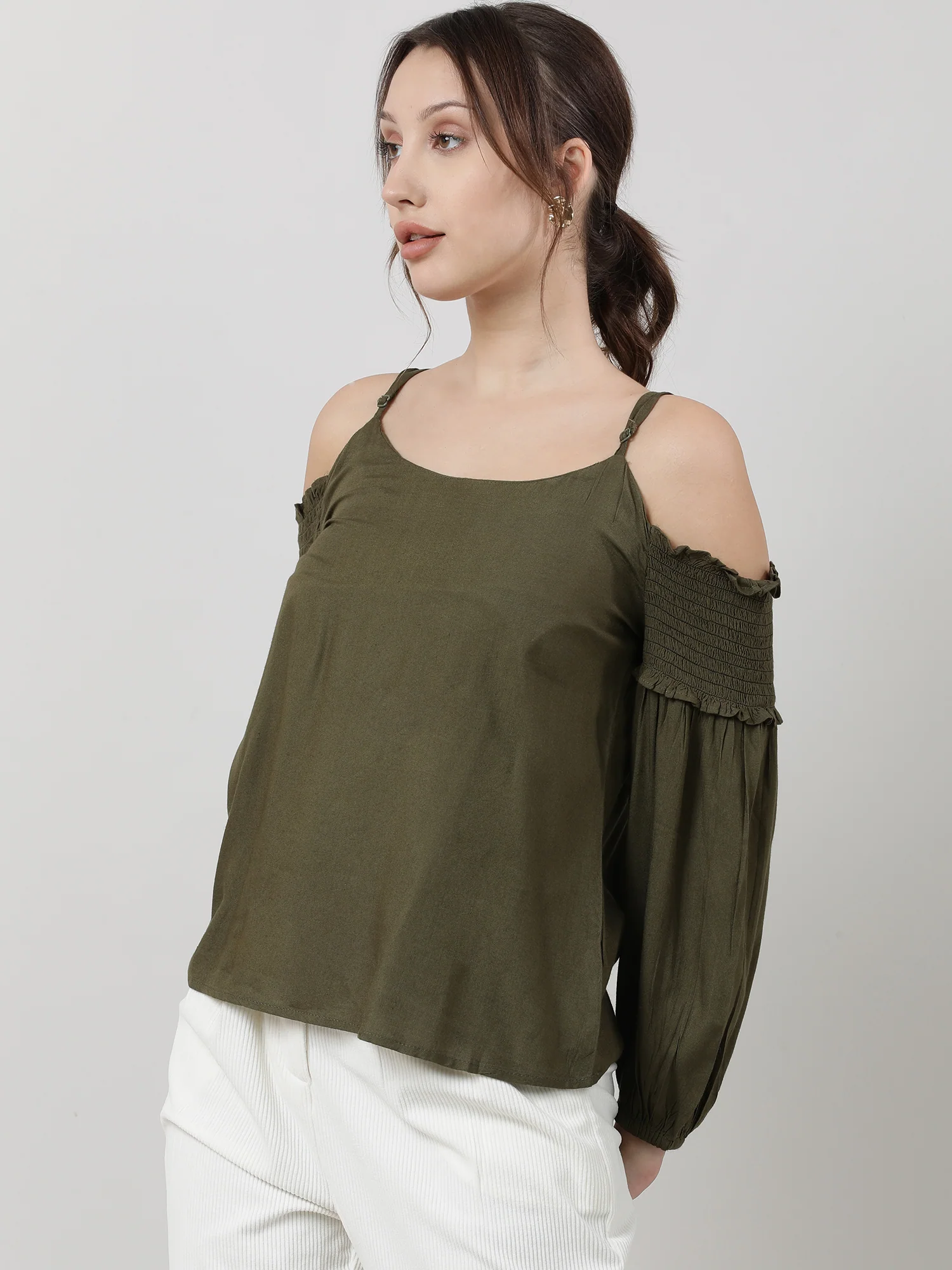Women Regular Fit Olive Cold Shoulder Top - Image 3