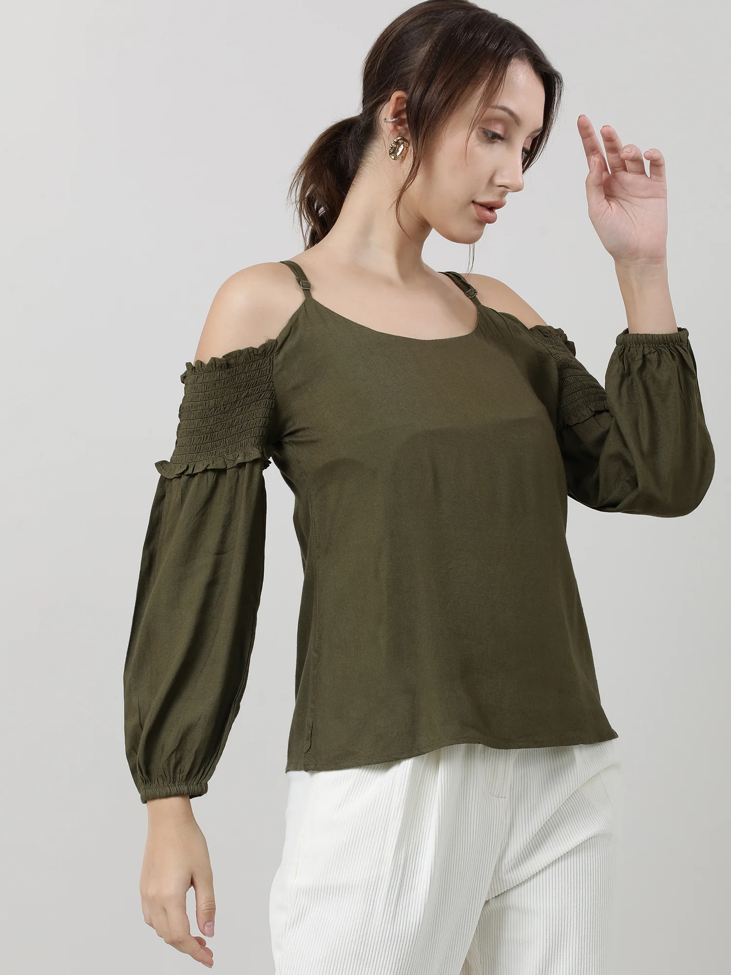 Women Regular Fit Olive Cold Shoulder Top - Image 4