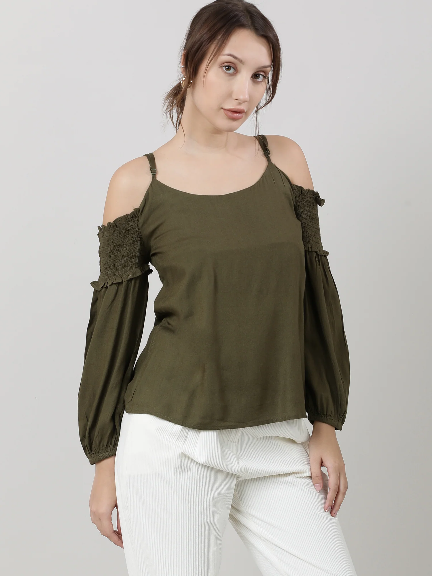 Women Regular Fit Olive Cold Shoulder Top - Image 5