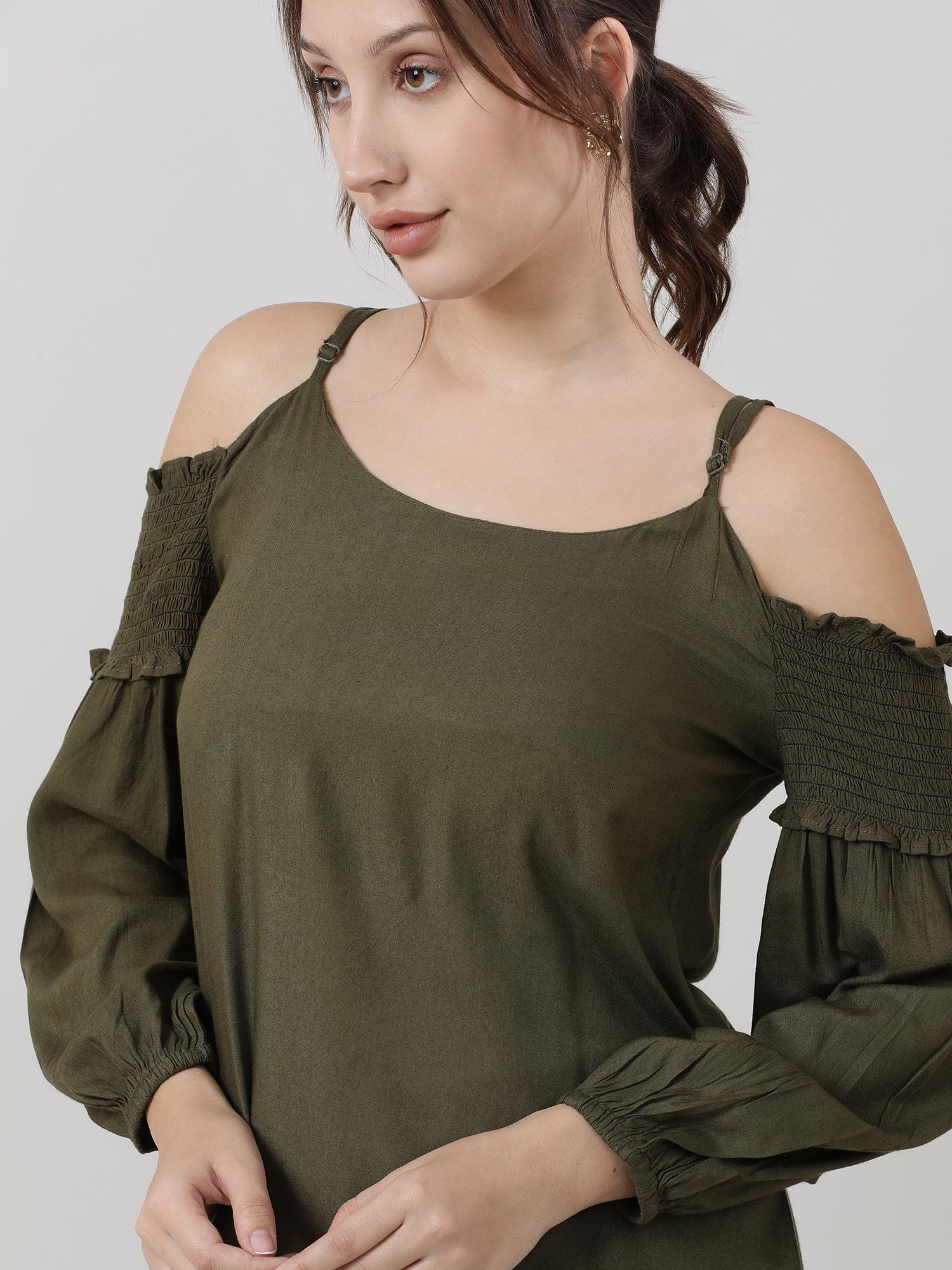 Women Regular Fit Olive Cold Shoulder Top - Image 6
