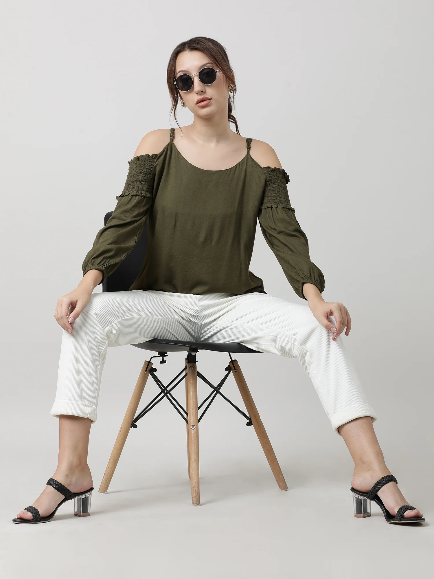 Women Regular Fit Olive Cold Shoulder Top - Image 7