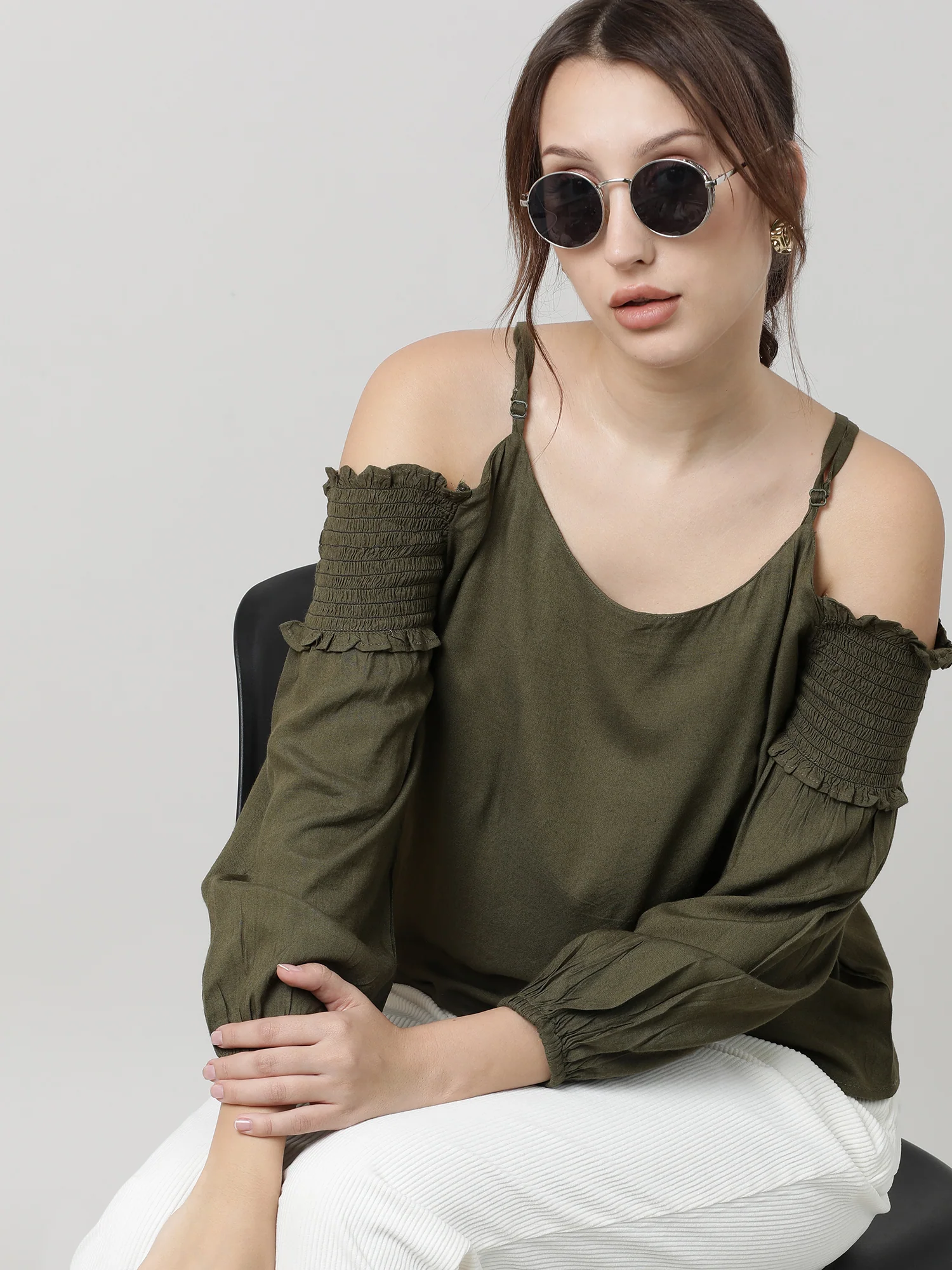 Women Regular Fit Olive Cold Shoulder Top - Image 8